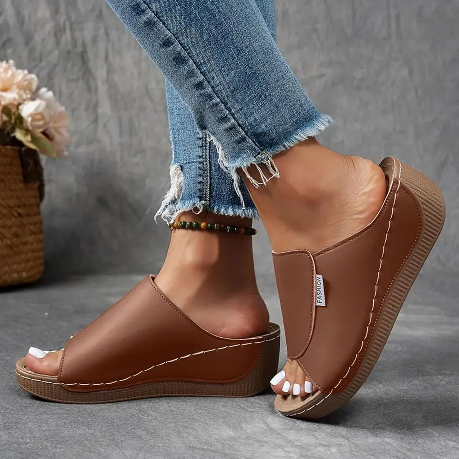 Orthopedic Sandals for Women Wide Width,Comfortable Arch Support Slides Women's Sandal Breathable Summer Orthotic Platform Wedge Slip on Walking Casual Shoes