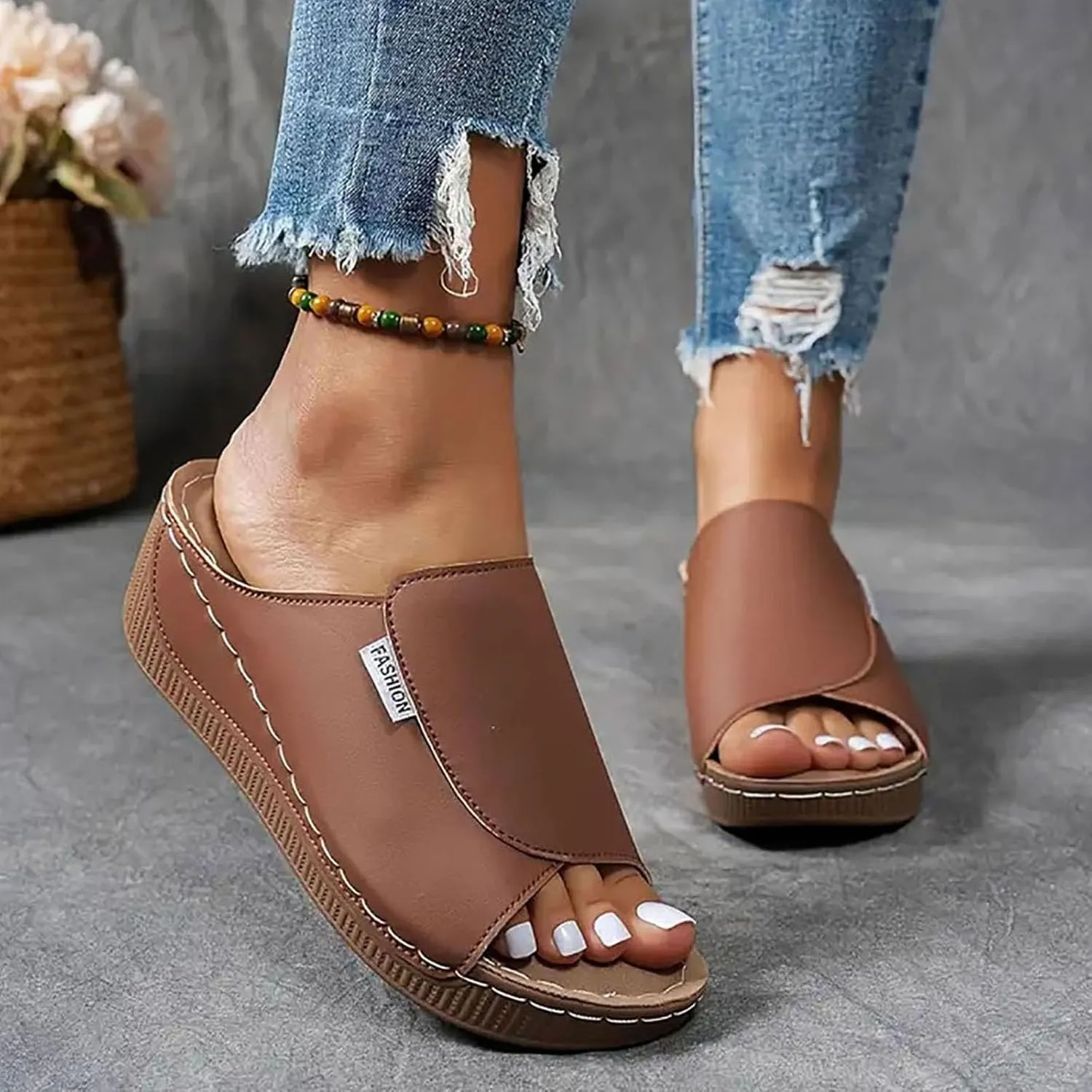 Orthopedic Sandals for Women Wide Width,Comfortable Arch Support Slides Women's Sandal Breathable Summer Orthotic Platform Wedge Slip on Walking Casual Shoes