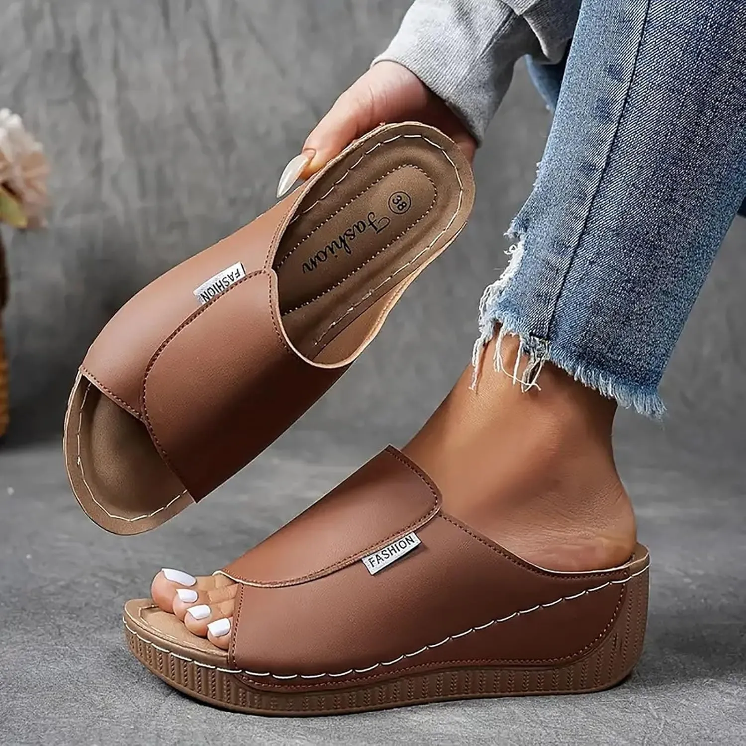 Orthopedic Sandals for Women Wide Width,Comfortable Arch Support Slides Women's Sandal Breathable Summer Orthotic Platform Wedge Slip on Walking Casual Shoes