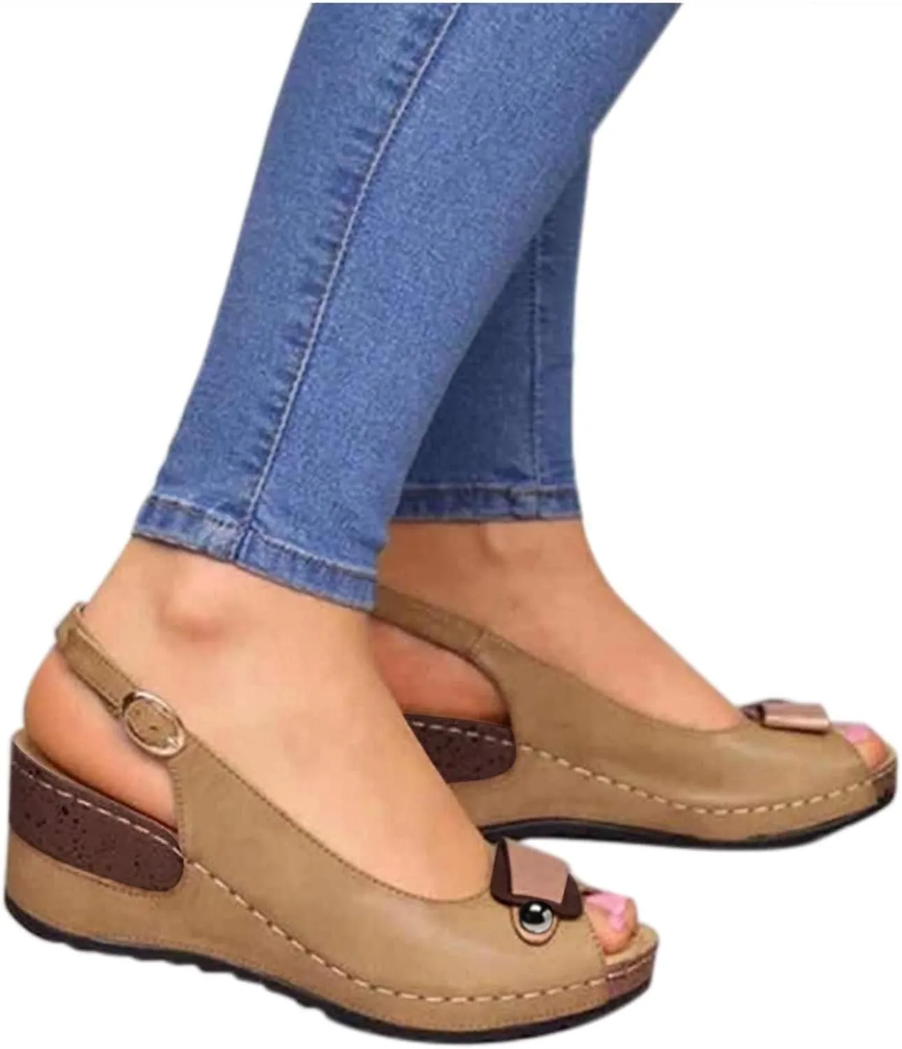 Peep Toe Flats with Bow for Women Summer Hollow Out Slingback Wedge Sandals Slip On Casual Comfortable Ankle Strap Fashion Shoes Orthopedic Walking Dressy Platform Beach Espadrille Bowknot
