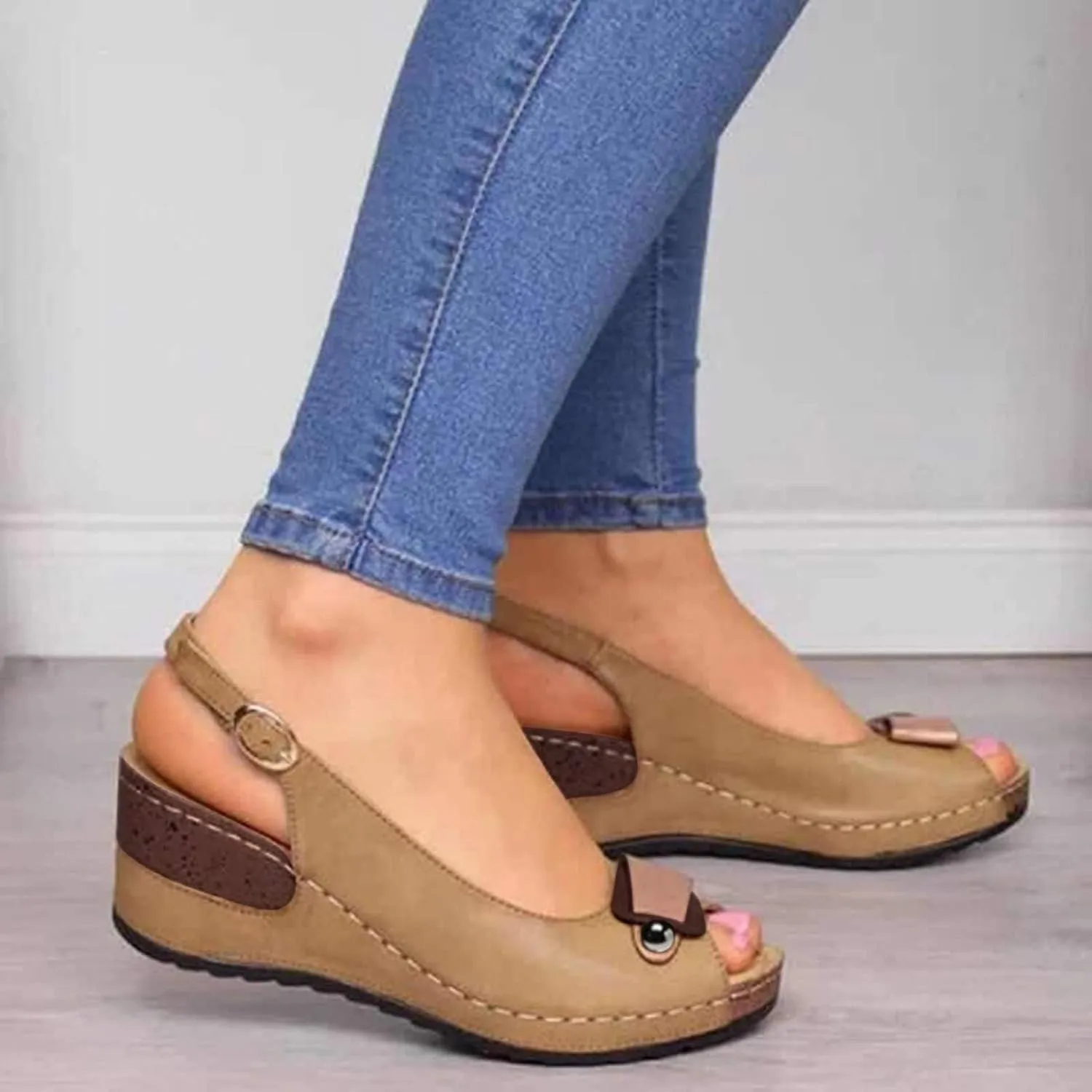 Peep Toe Flats with Bow for Women Summer Hollow Out Slingback Wedge Sandals Slip On Casual Comfortable Ankle Strap Fashion Shoes Orthopedic Walking Dressy Platform Beach Espadrille Bowknot