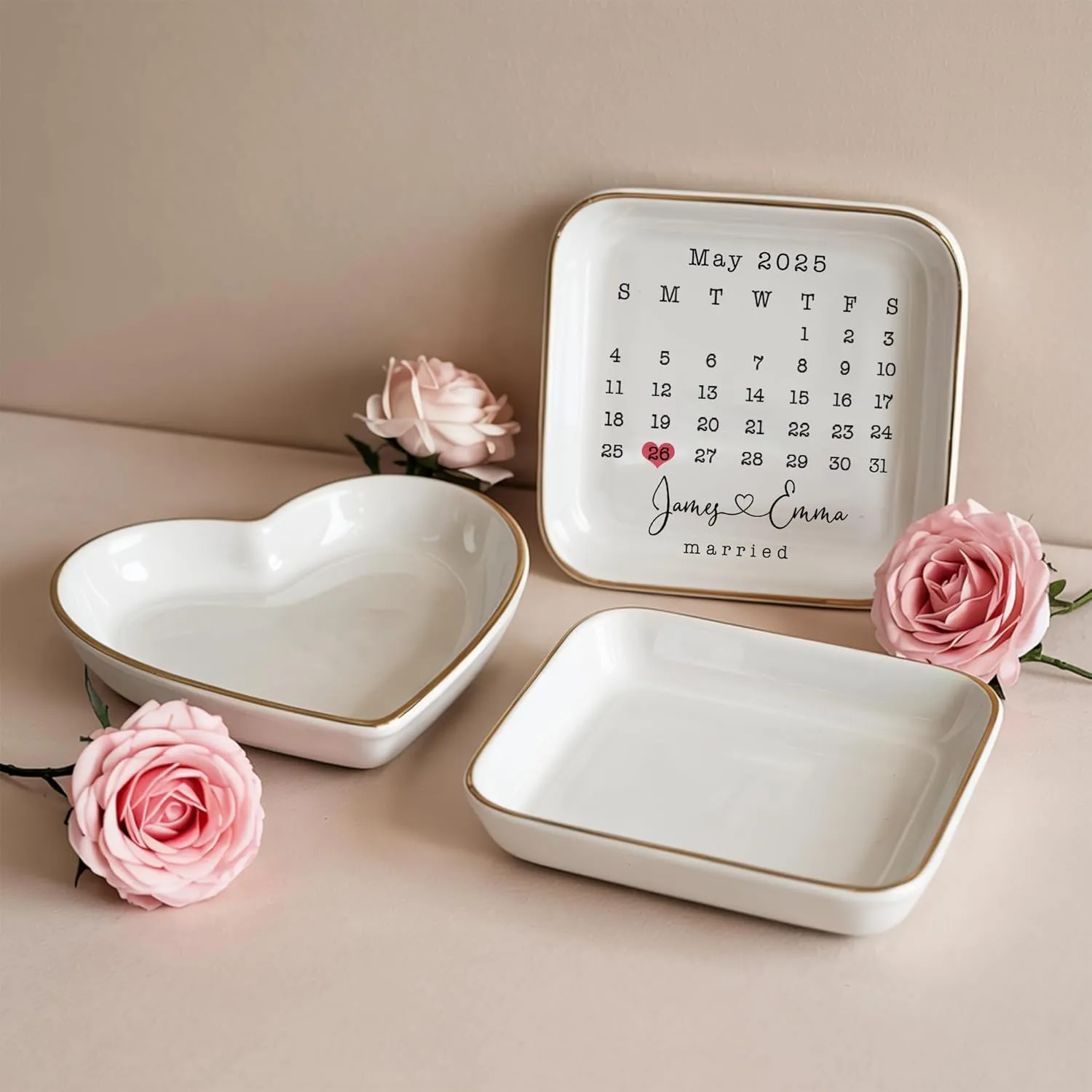 Personalized Ceramic Jewelry Tray For Wedding, Gift Custom Names, Gifts for Her, Trim Jewelry Tray Bridesmaid Wedding Engagement Gifts Jewelry Dish Custom Ring Dish Couple Style 2