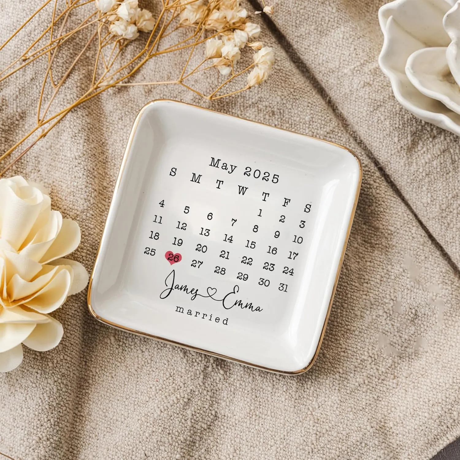 Personalized Ceramic Jewelry Tray For Wedding, Gift Custom Names, Gifts for Her, Trim Jewelry Tray Bridesmaid Wedding Engagement Gifts Jewelry Dish Custom Ring Dish Couple Style 2
