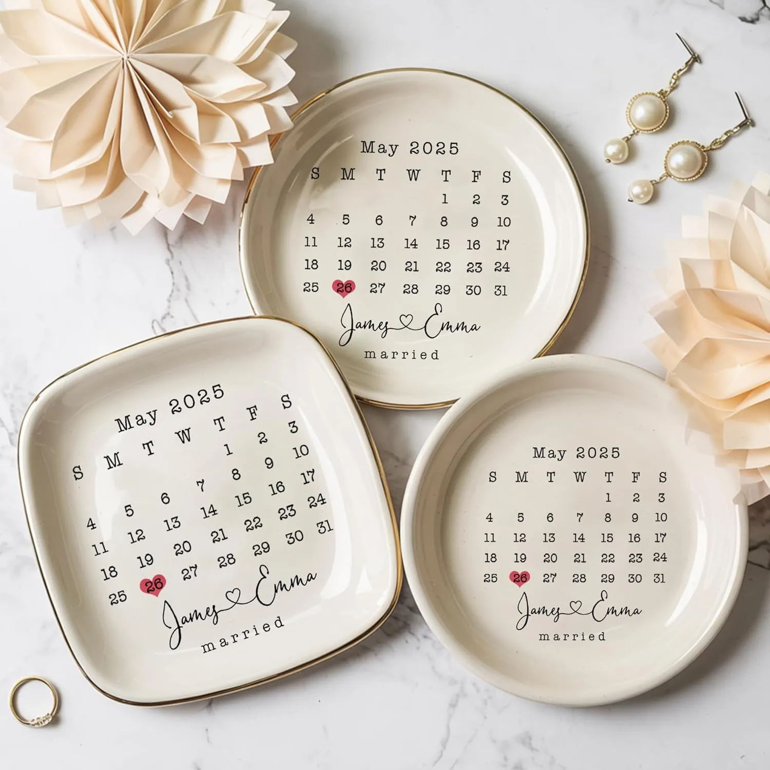 Personalized Ceramic Jewelry Tray For Wedding, Gift Custom Names, Gifts for Her, Trim Jewelry Tray Bridesmaid Wedding Engagement Gifts Jewelry Dish Custom Ring Dish Couple Style 2