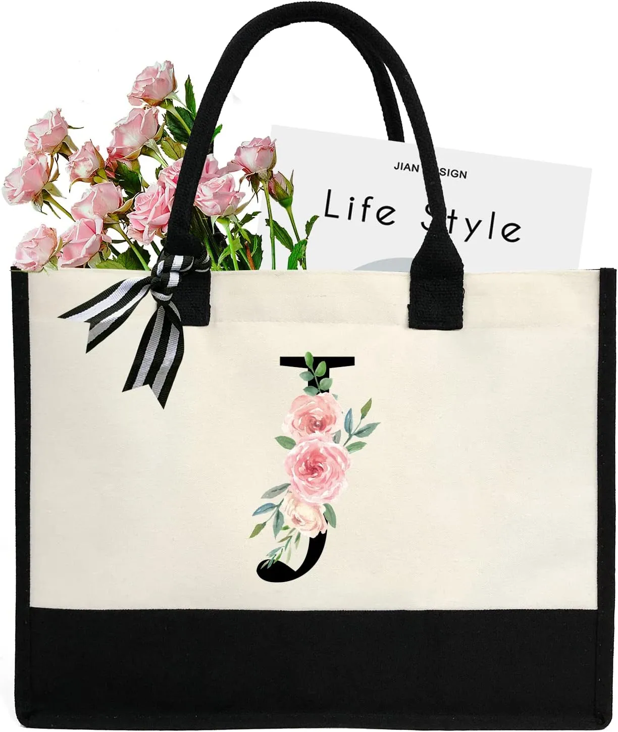 Personalized Initial Canvas Tote Bag for Women, Beach Bag with Inner Zipper Pocket for Wedding, Birthday, Holiday