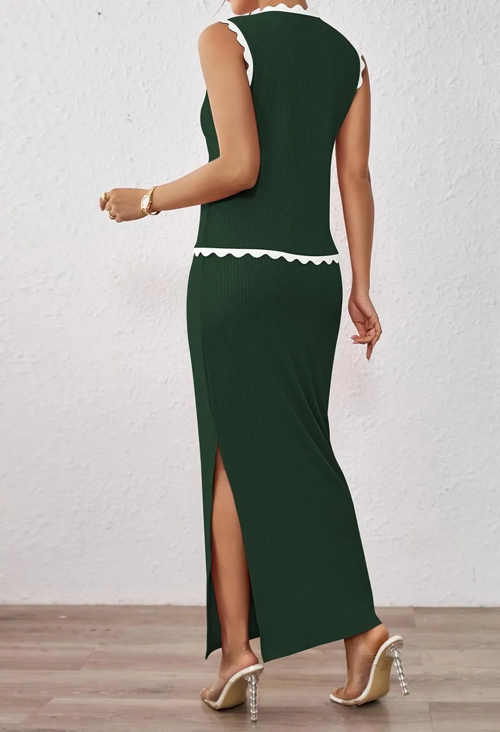 Pink Queen Women's 2 Piece Outfits Sleeveless V-Neck Crop Top High Waisted Bodycon Maxi Skirt Set with Side Slit