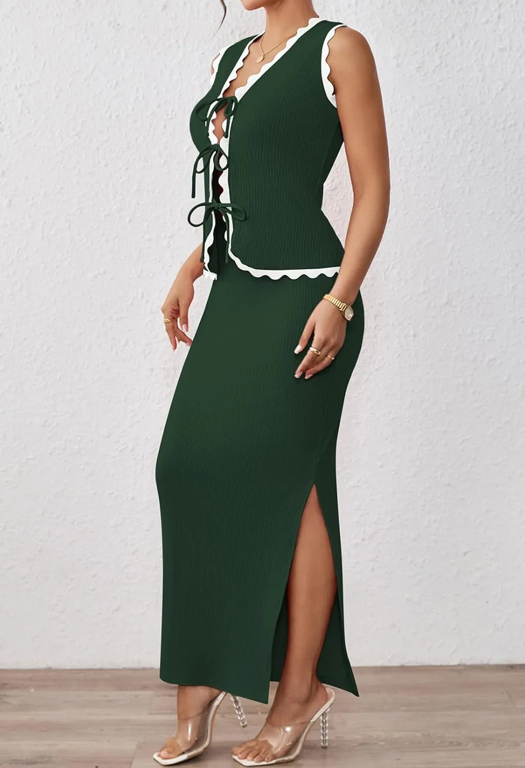 Pink Queen Women's 2 Piece Outfits Sleeveless V-Neck Crop Top High Waisted Bodycon Maxi Skirt Set with Side Slit