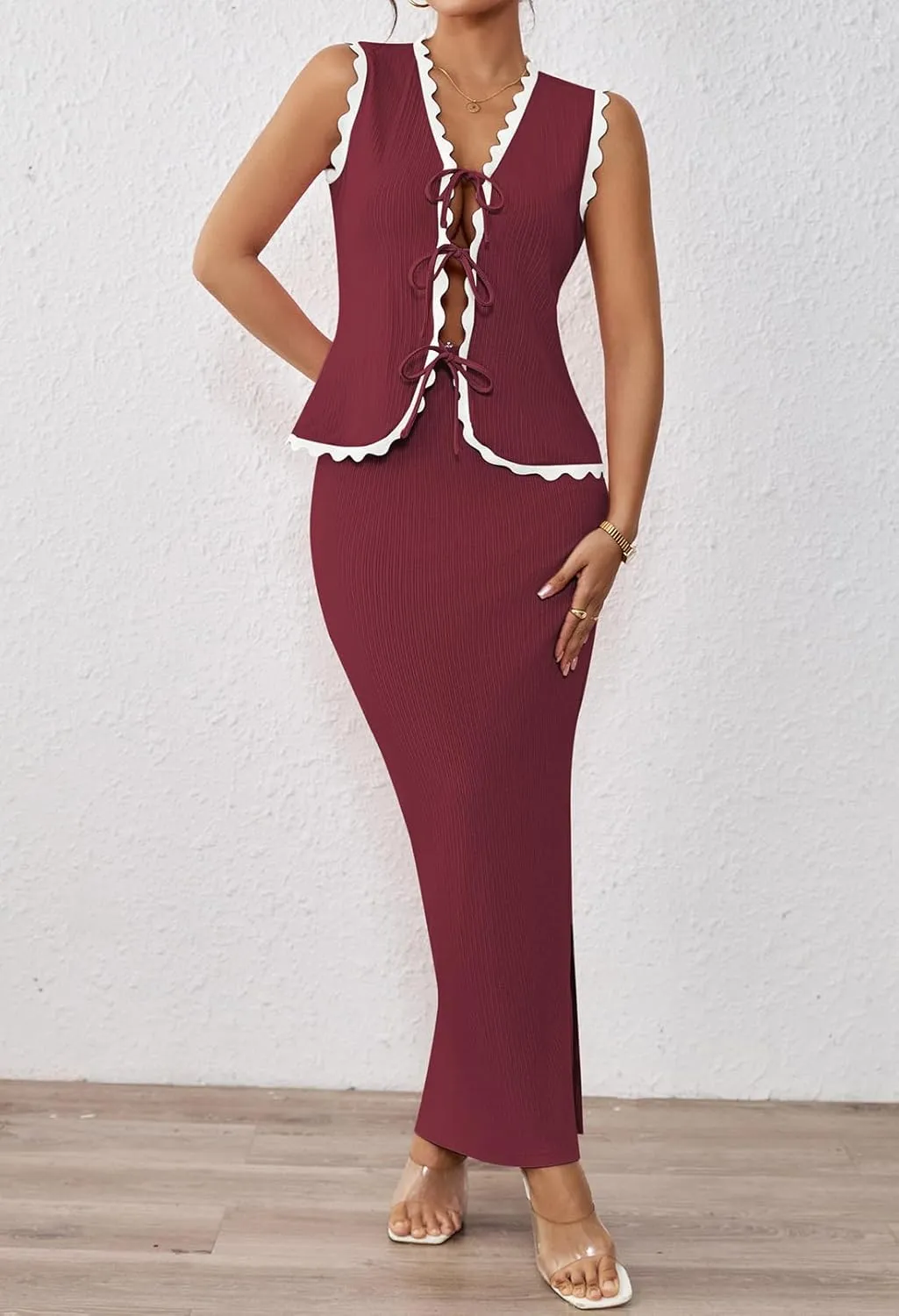 Pink Queen Women's 2 Piece Outfits Sleeveless V-Neck Crop Top High Waisted Bodycon Maxi Skirt Set with Side Slit
