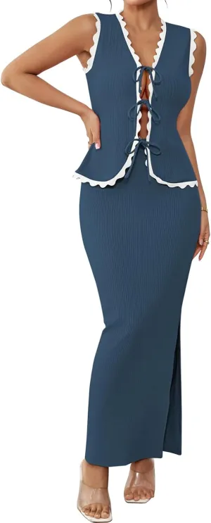 Pink Queen Women's 2 Piece Outfits Sleeveless V-Neck Crop Top High Waisted Bodycon Maxi Skirt Set with Side Slit
