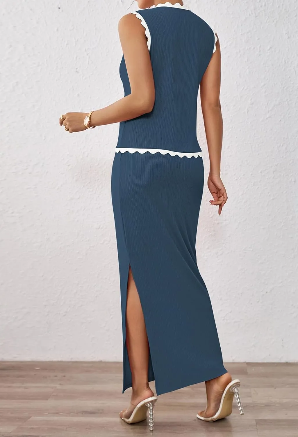 Pink Queen Women's 2 Piece Outfits Sleeveless V-Neck Crop Top High Waisted Bodycon Maxi Skirt Set with Side Slit