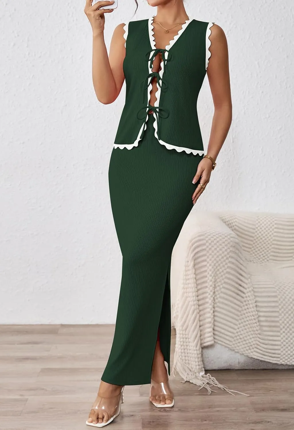 Pink Queen Women's 2 Piece Outfits Sleeveless V-Neck Crop Top High Waisted Bodycon Maxi Skirt Set with Side Slit