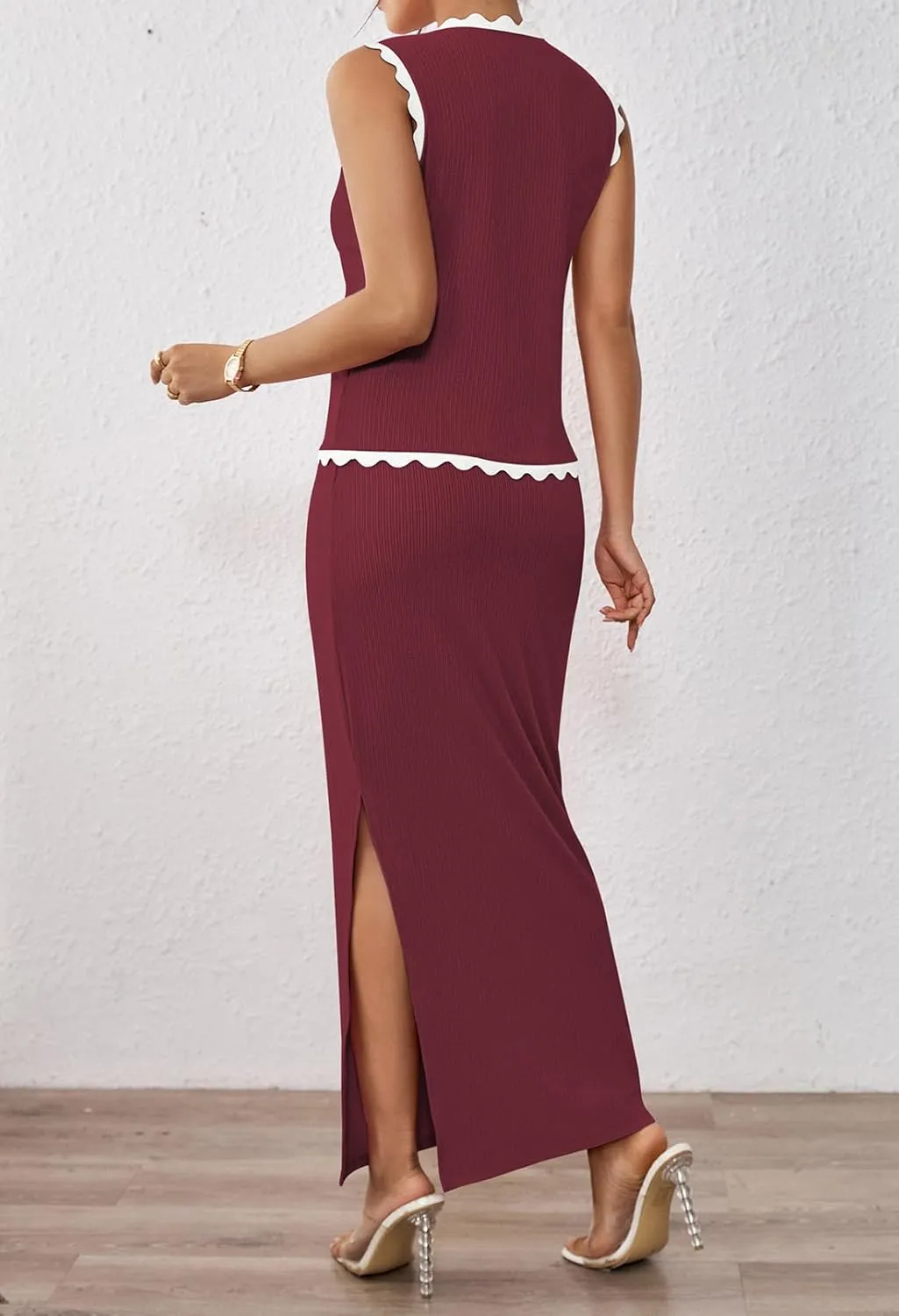 Pink Queen Women's 2 Piece Outfits Sleeveless V-Neck Crop Top High Waisted Bodycon Maxi Skirt Set with Side Slit