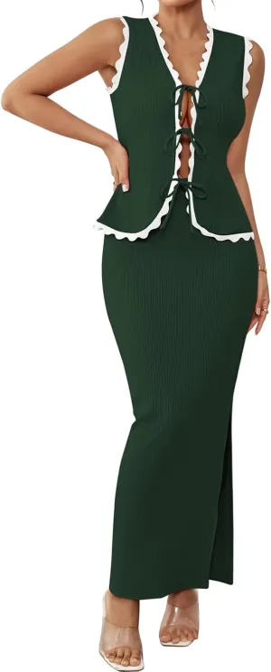 Pink Queen Women's 2 Piece Outfits Sleeveless V-Neck Crop Top High Waisted Bodycon Maxi Skirt Set with Side Slit