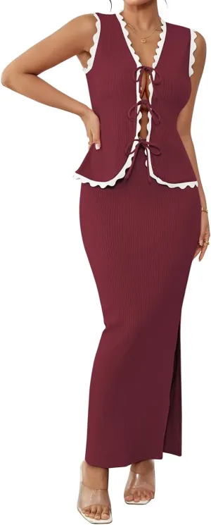 Pink Queen Women's 2 Piece Outfits Sleeveless V-Neck Crop Top High Waisted Bodycon Maxi Skirt Set with Side Slit