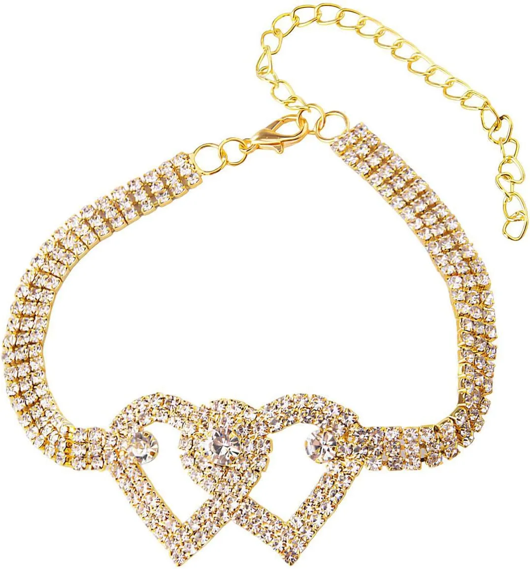 POYAMUSE Sparkling Heart Rhinestone Foot Jewelry for Women - Adjustable Summer Beach Anklet Chains, Crystal Double Heart Anklets - Full Rhinestone Anklets Jewelry for Women