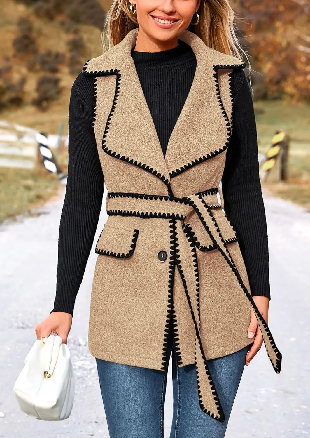 PRETTYGARDEN Women's 2025 Tweed Vest Jackets Sleeveless Lapel Button Front Belt Color Block Winter Cardigan Outerwear