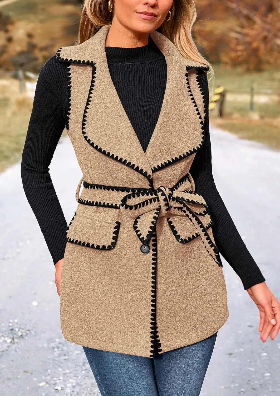 PRETTYGARDEN Women's 2025 Tweed Vest Jackets Sleeveless Lapel Button Front Belt Color Block Winter Cardigan Outerwear