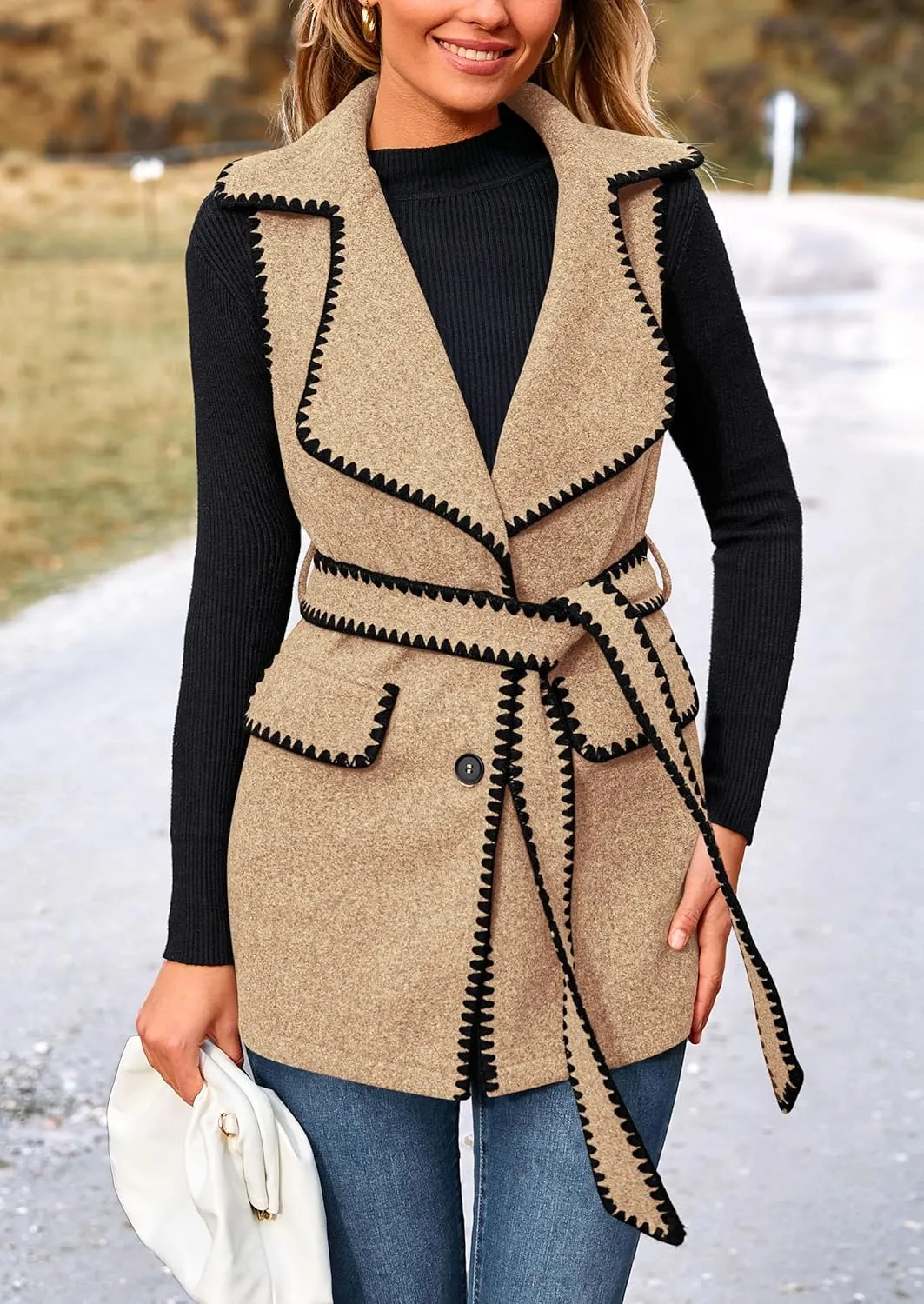 PRETTYGARDEN Women's 2025 Tweed Vest Jackets Sleeveless Lapel Button Front Belt Color Block Winter Cardigan Outerwear