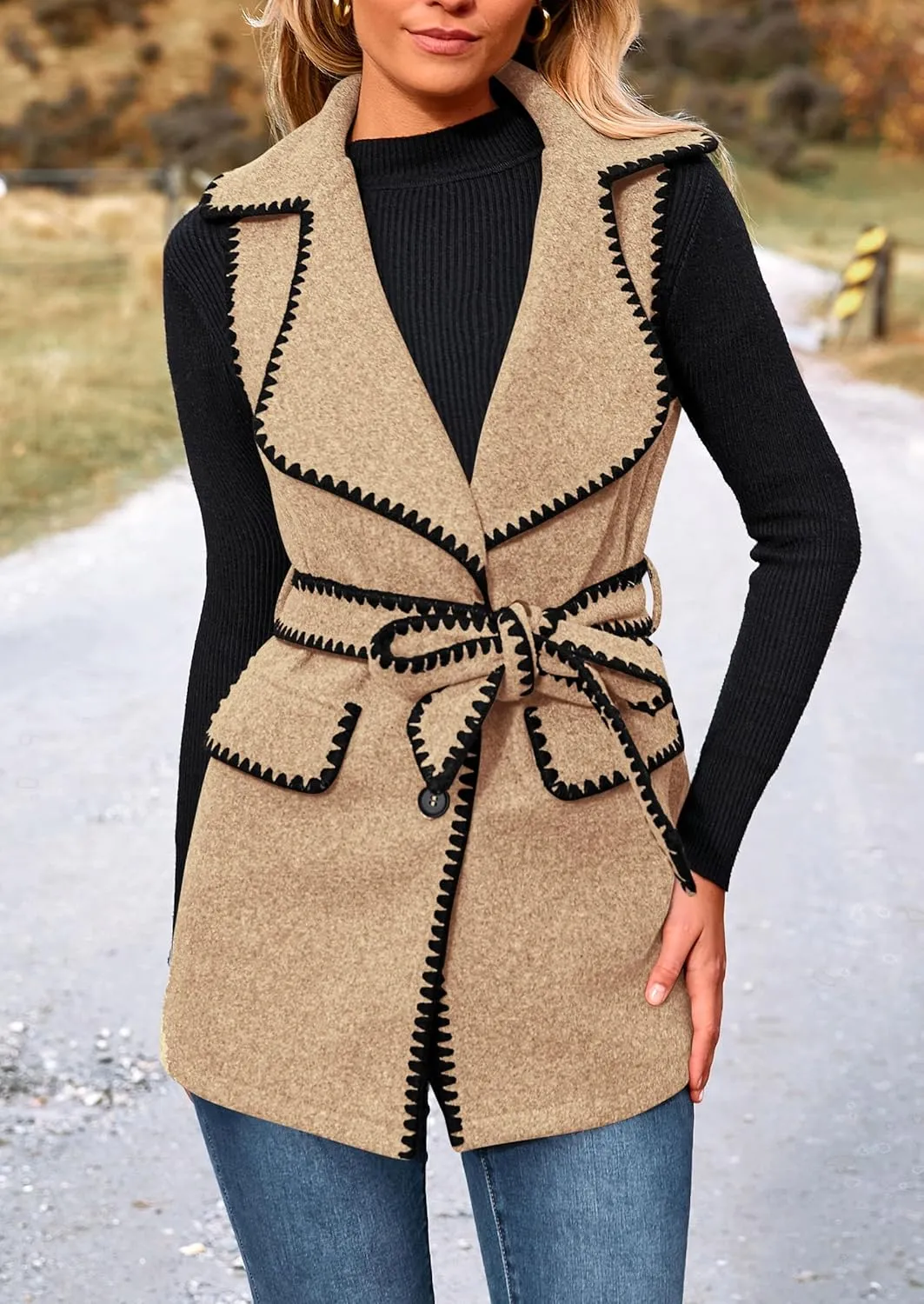 PRETTYGARDEN Women's 2025 Tweed Vest Jackets Sleeveless Lapel Button Front Belt Color Block Winter Cardigan Outerwear