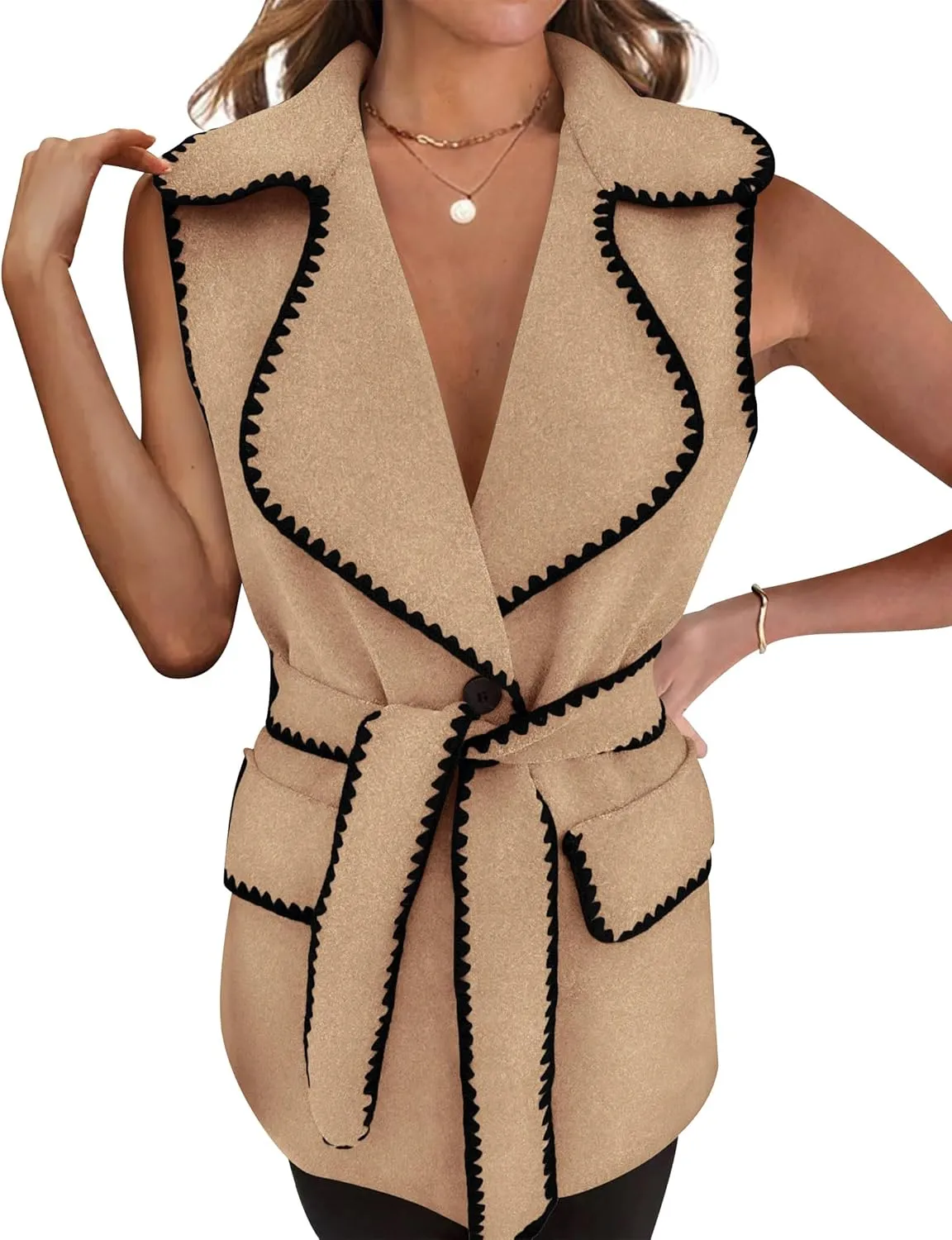 PRETTYGARDEN Women's 2025 Tweed Vest Jackets Sleeveless Lapel Button Front Belt Color Block Winter Cardigan Outerwear