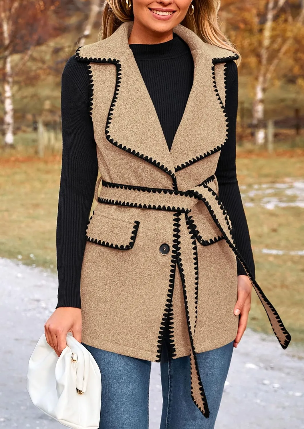 PRETTYGARDEN Women's 2025 Tweed Vest Jackets Sleeveless Lapel Button Front Belt Color Block Winter Cardigan Outerwear