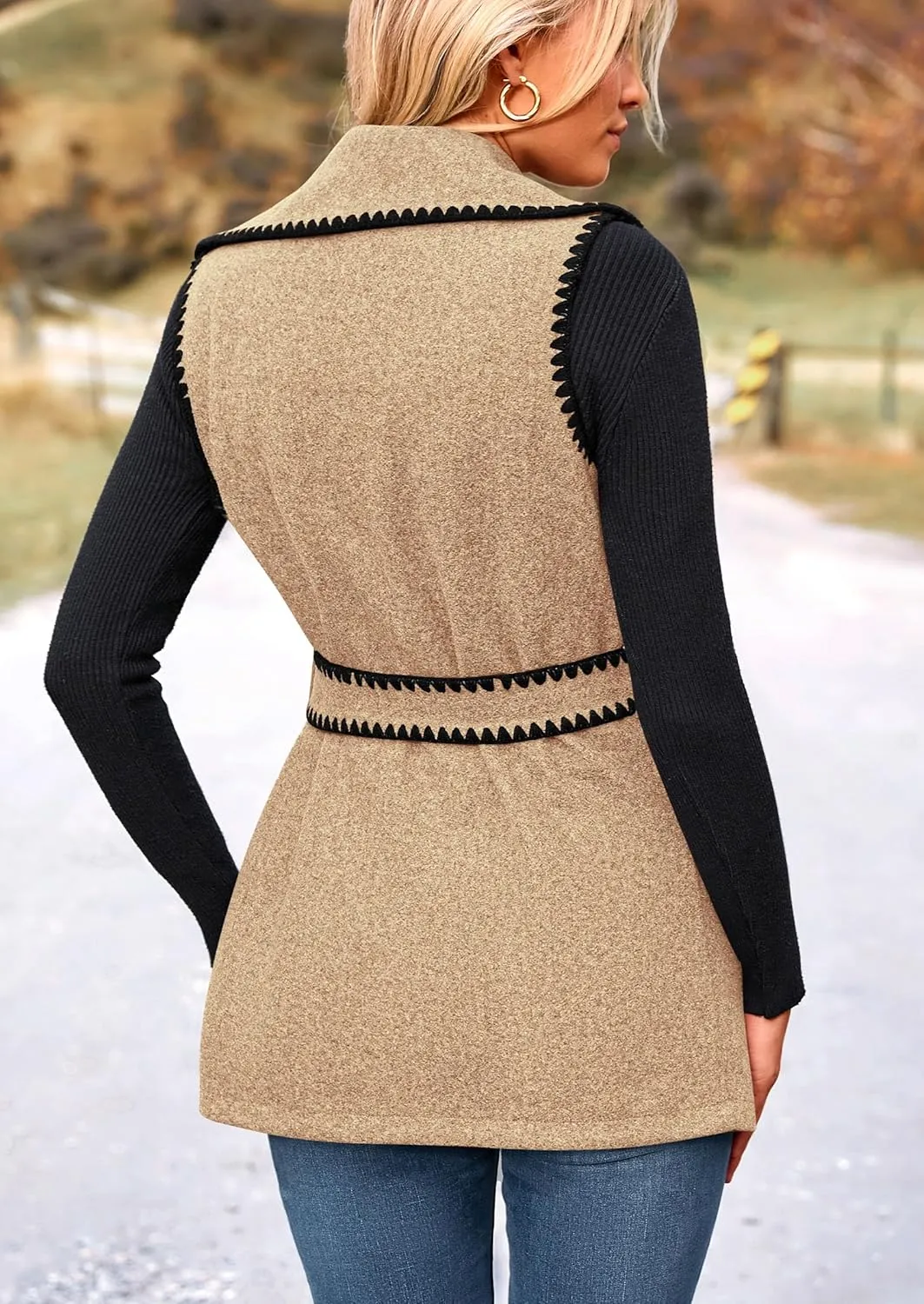 PRETTYGARDEN Women's 2025 Tweed Vest Jackets Sleeveless Lapel Button Front Belt Color Block Winter Cardigan Outerwear