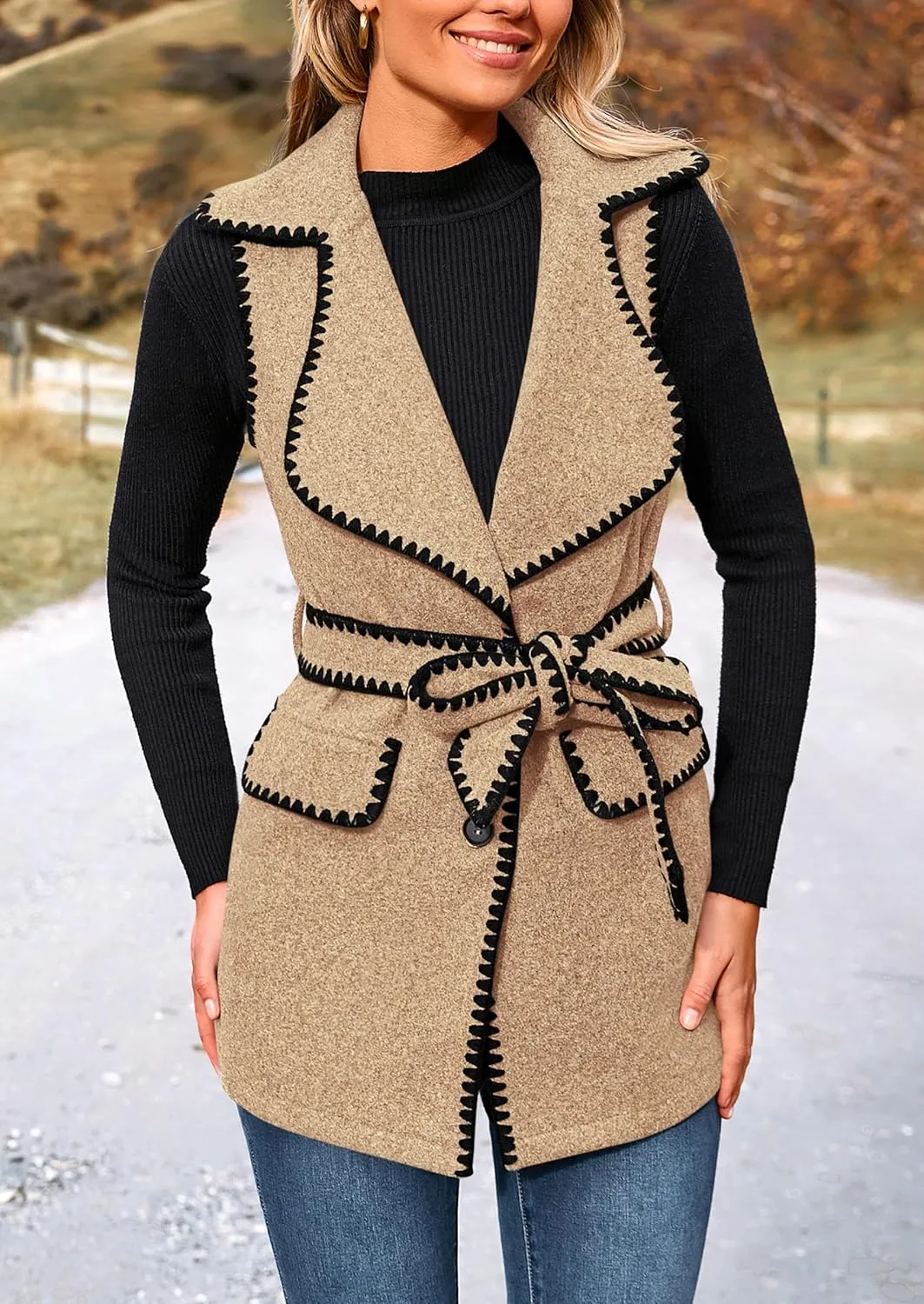 PRETTYGARDEN Women's 2025 Tweed Vest Jackets Sleeveless Lapel Button Front Belt Color Block Winter Cardigan Outerwear