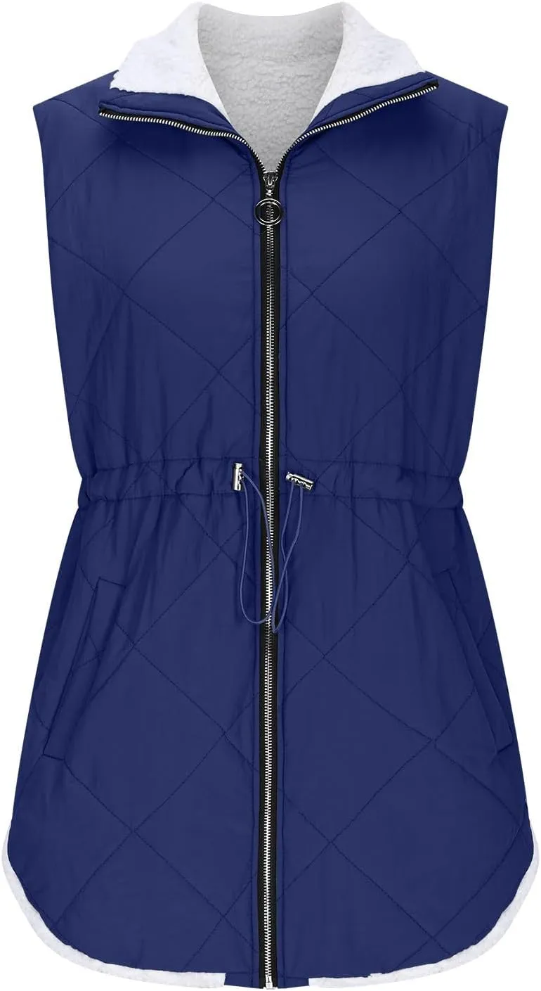 Puffer Vest Women Sleeveless Fleece Lined Zip Up Outwear Stand Collar Winter Warm Padded Down Jacket With Pockets