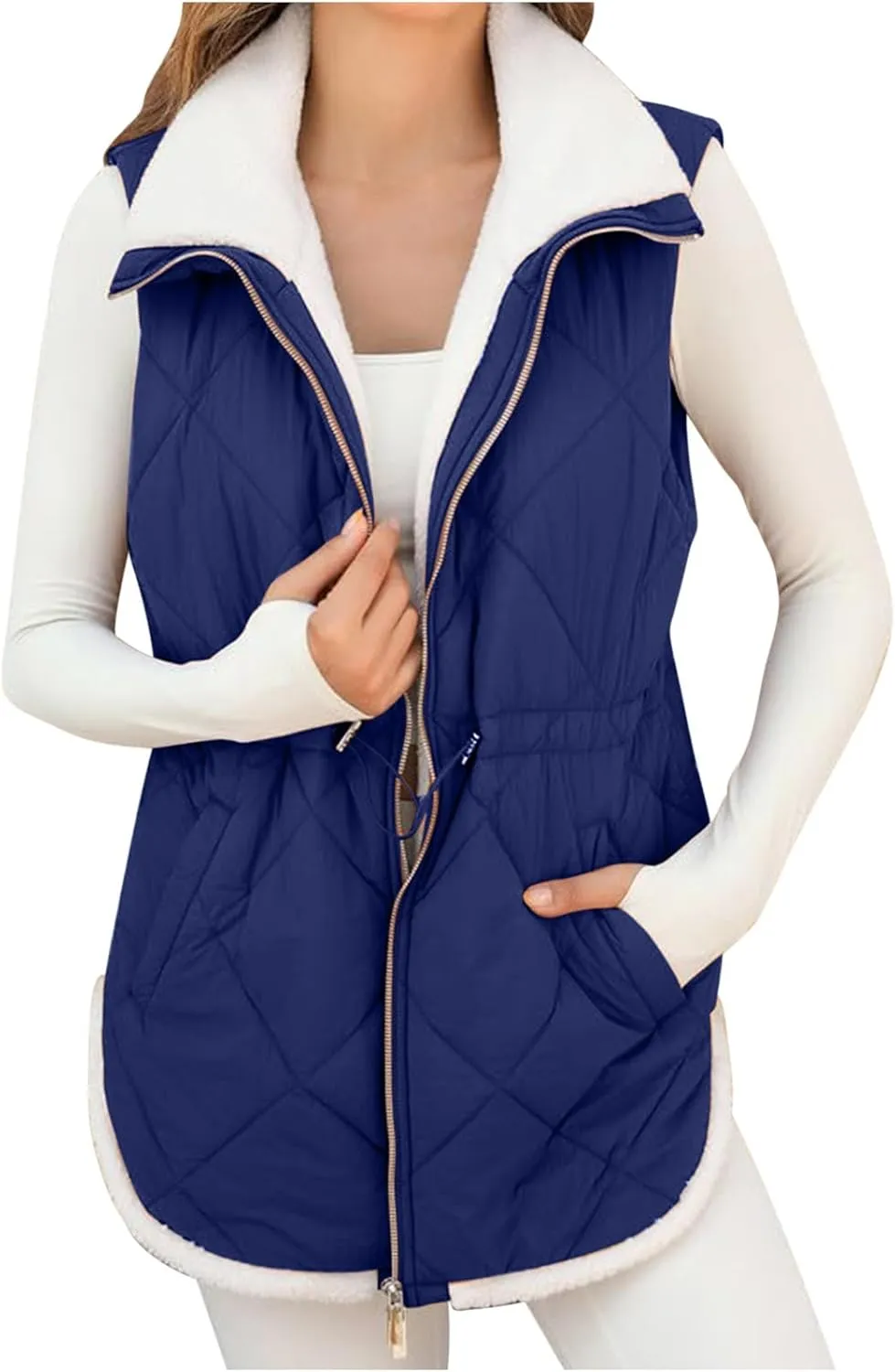 Puffer Vest Women Sleeveless Fleece Lined Zip Up Outwear Stand Collar Winter Warm Padded Down Jacket With Pockets