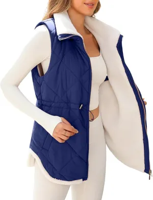 Puffer Vest Women Sleeveless Fleece Lined Zip Up Outwear Stand Collar Winter Warm Padded Down Jacket With Pockets