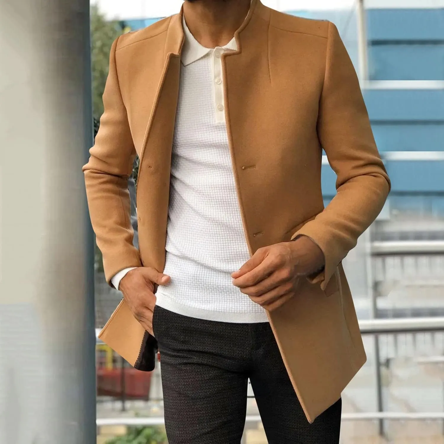 QWENTMTNTY Mens Trench Coat Slim Fit Winter Casual Business Wool Jackets Collarless Single Breasted Pea Coats with Pockets