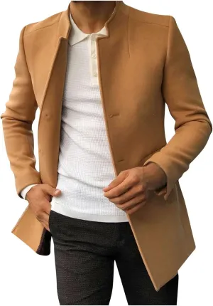 QWENTMTNTY Mens Trench Coat Slim Fit Winter Casual Business Wool Jackets Collarless Single Breasted Pea Coats with Pockets
