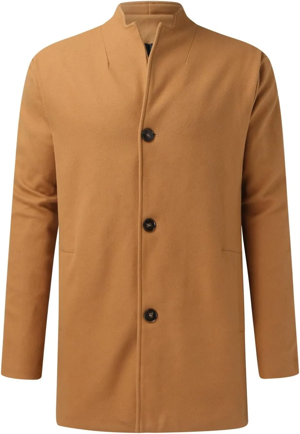QWENTMTNTY Mens Trench Coat Slim Fit Winter Casual Business Wool Jackets Collarless Single Breasted Pea Coats with Pockets