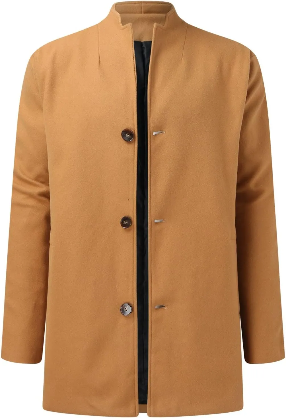 QWENTMTNTY Mens Trench Coat Slim Fit Winter Casual Business Wool Jackets Collarless Single Breasted Pea Coats with Pockets