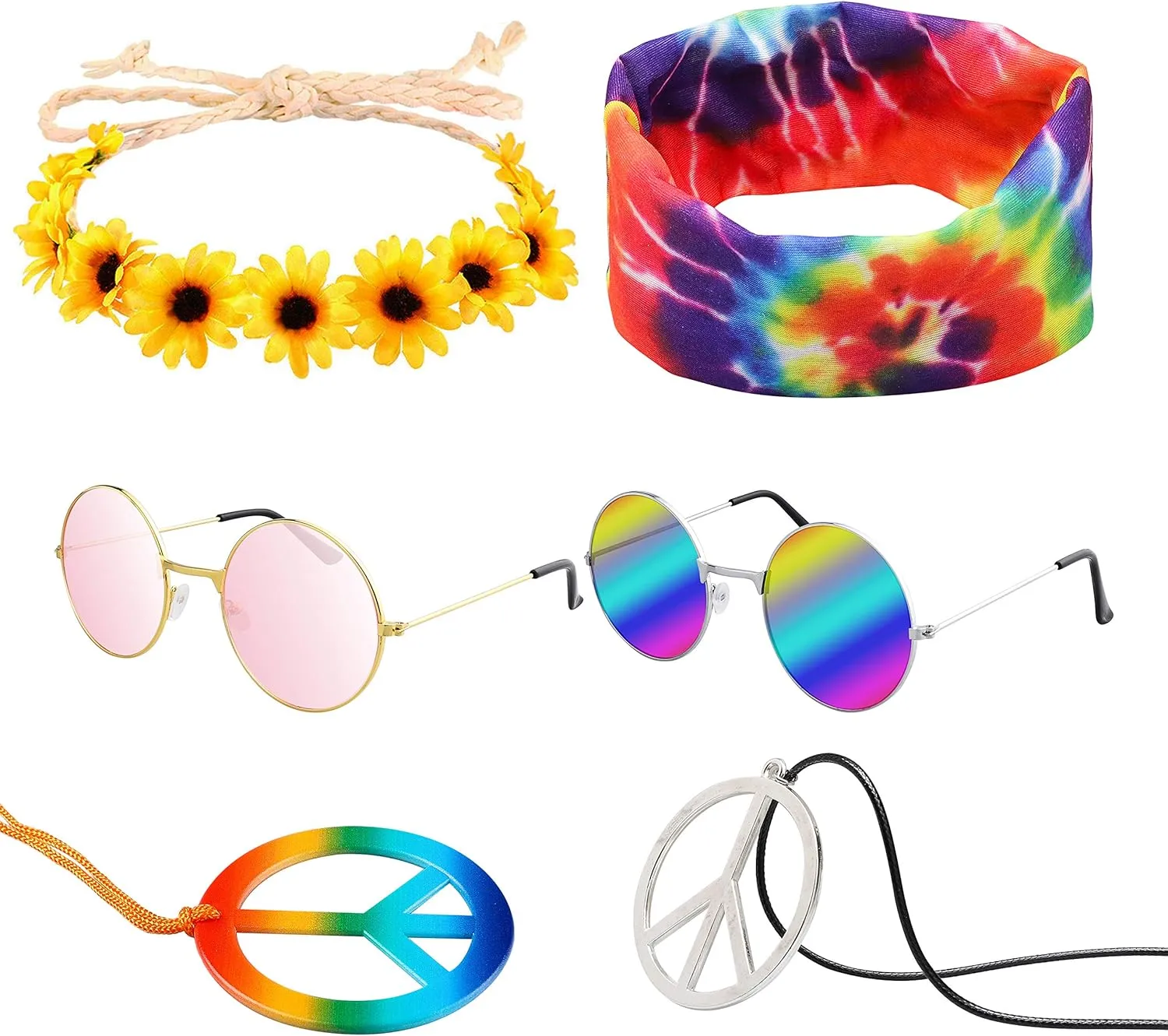 R HORSE 7Pcs Halloween Costume Set Rainbow Peace Sign Necklaces Flower Headband Rainbow Sunglasses Tie Dye Headband 60s 70s Accessories for Women Men
