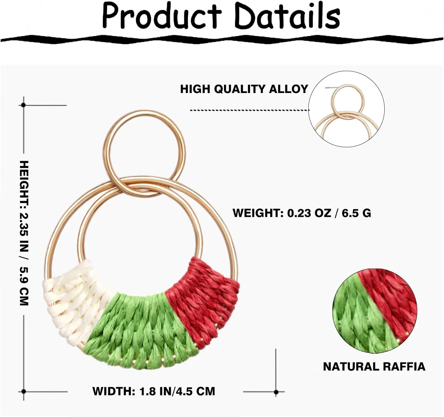 Raffia Hoop Earrings for Women Fun Boho Summer Beach Earrings Lightweight Handmade Straw Wicker Rattan Dangle Earrings Statement Geometric Round Drop Earrings