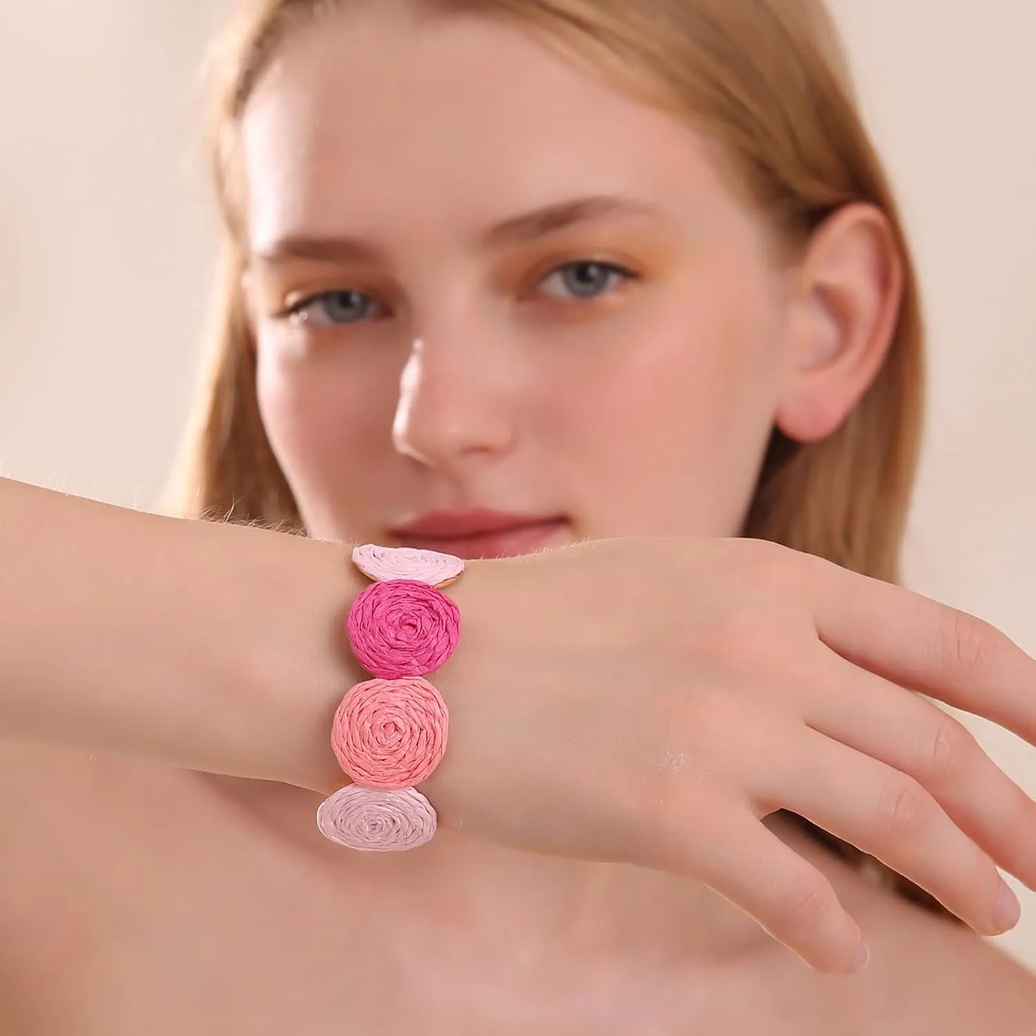 Raffia Multiple Circles Cuff Bracelet for Women, Handmade Colorful Round Bangle Geometric Adjustable Statement Bracelet