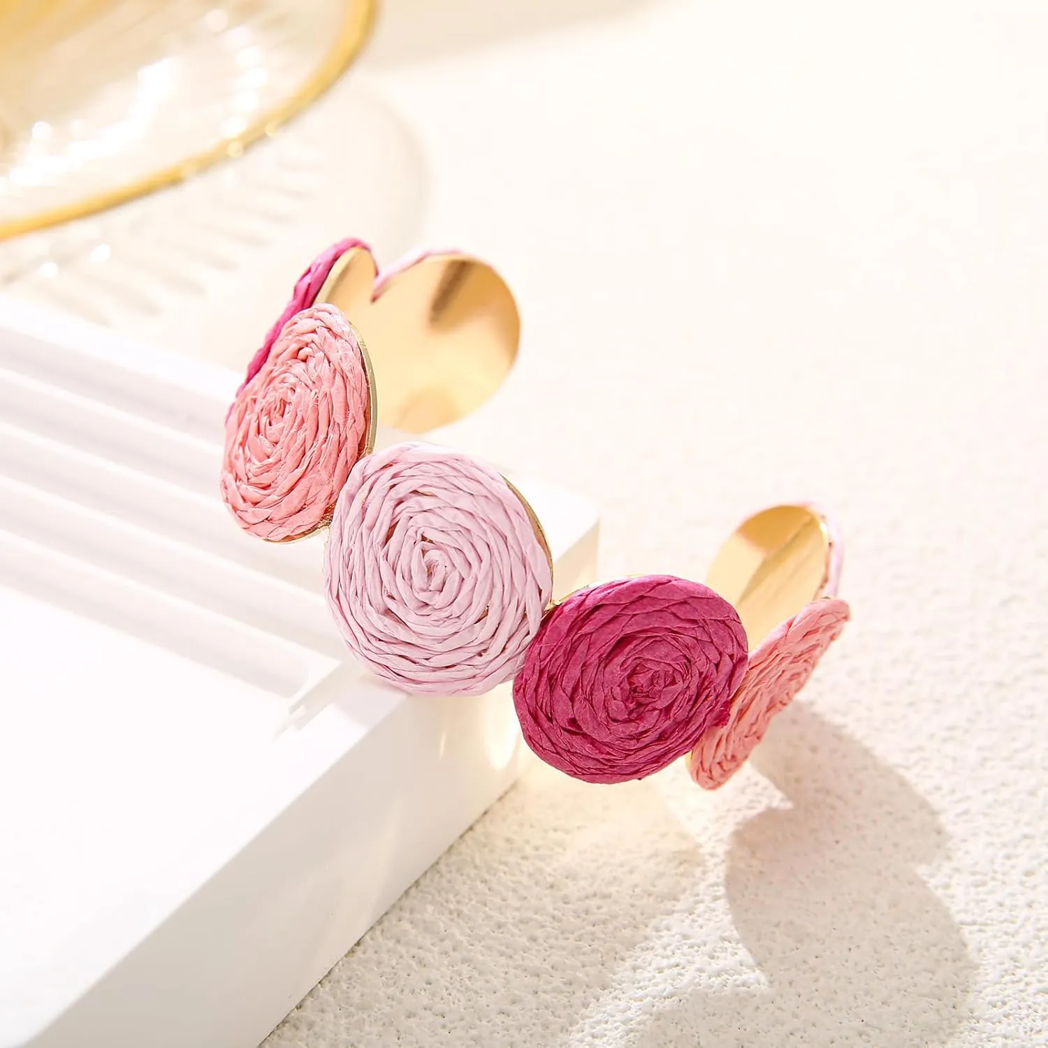 Raffia Multiple Circles Cuff Bracelet for Women, Handmade Colorful Round Bangle Geometric Adjustable Statement Bracelet