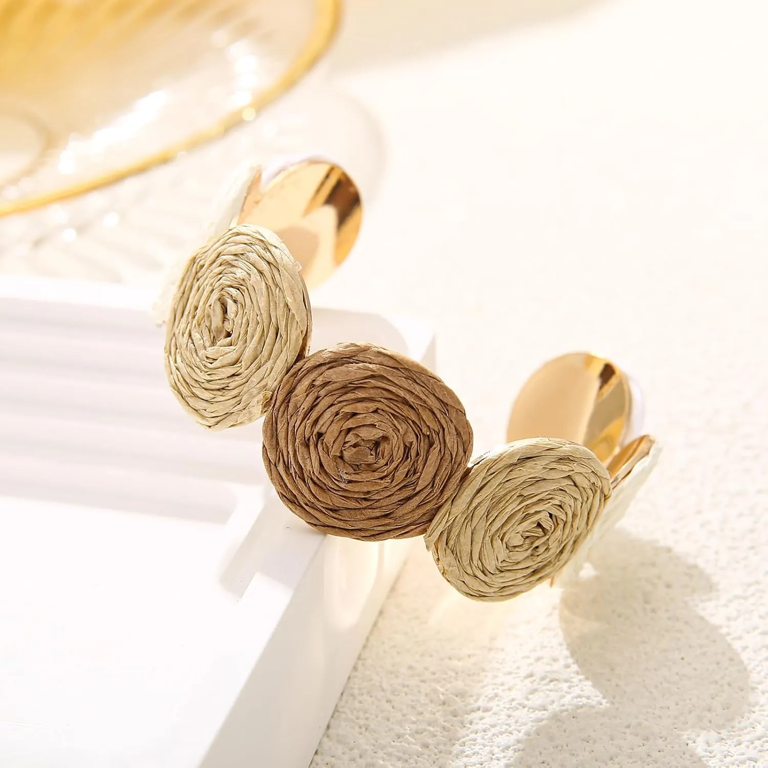 Raffia Multiple Circles Cuff Bracelet for Women, Handmade Colorful Round Bangle Geometric Adjustable Statement Bracelet