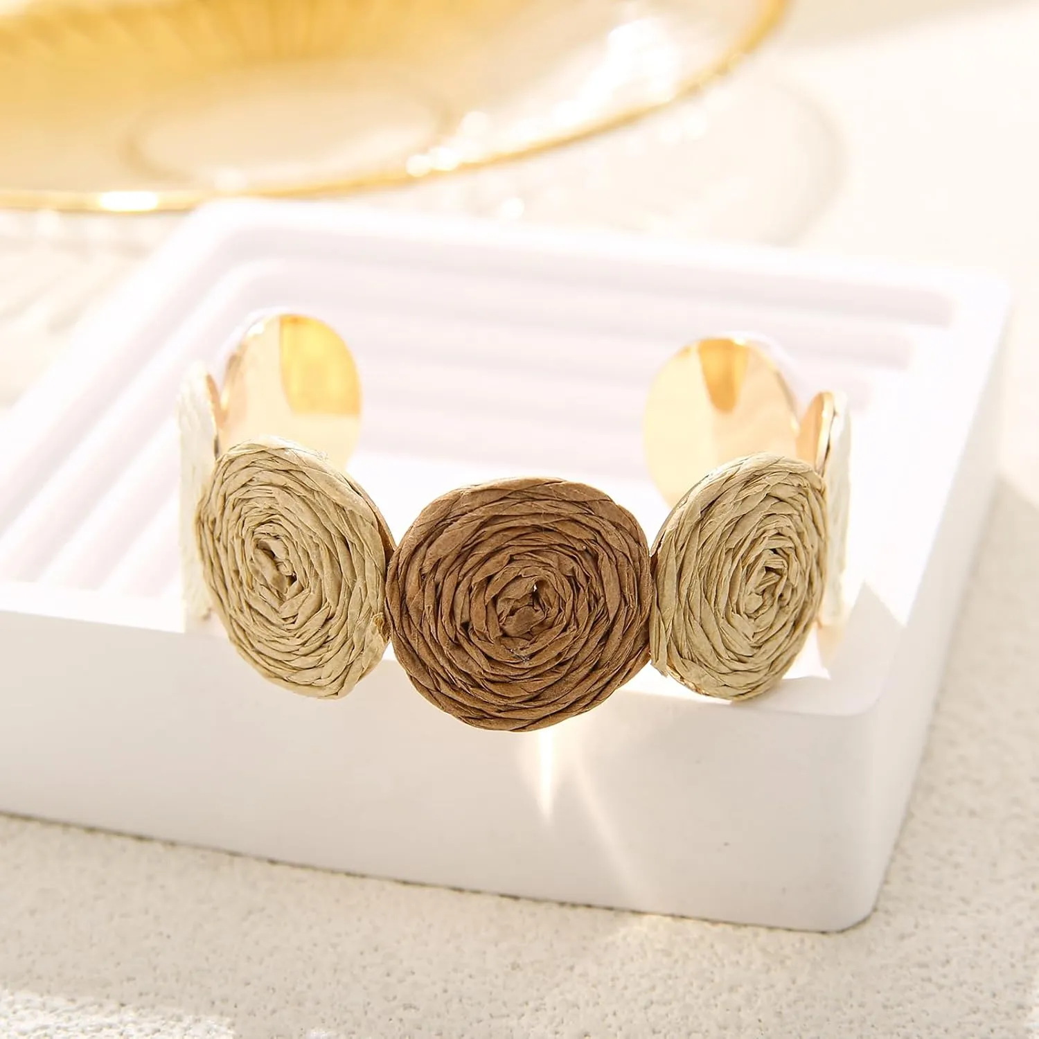 Raffia Multiple Circles Cuff Bracelet for Women, Handmade Colorful Round Bangle Geometric Adjustable Statement Bracelet