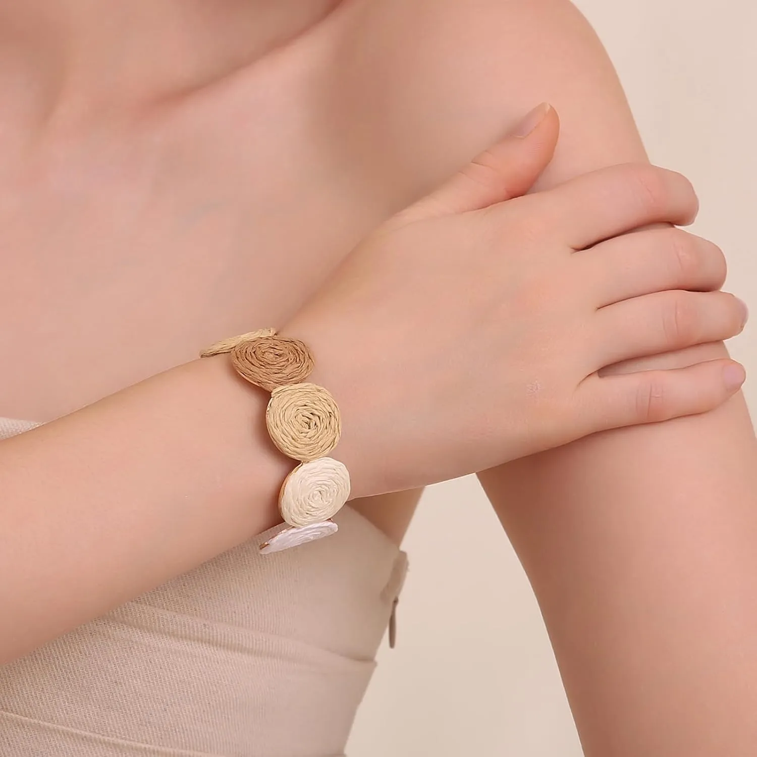 Raffia Multiple Circles Cuff Bracelet for Women, Handmade Colorful Round Bangle Geometric Adjustable Statement Bracelet