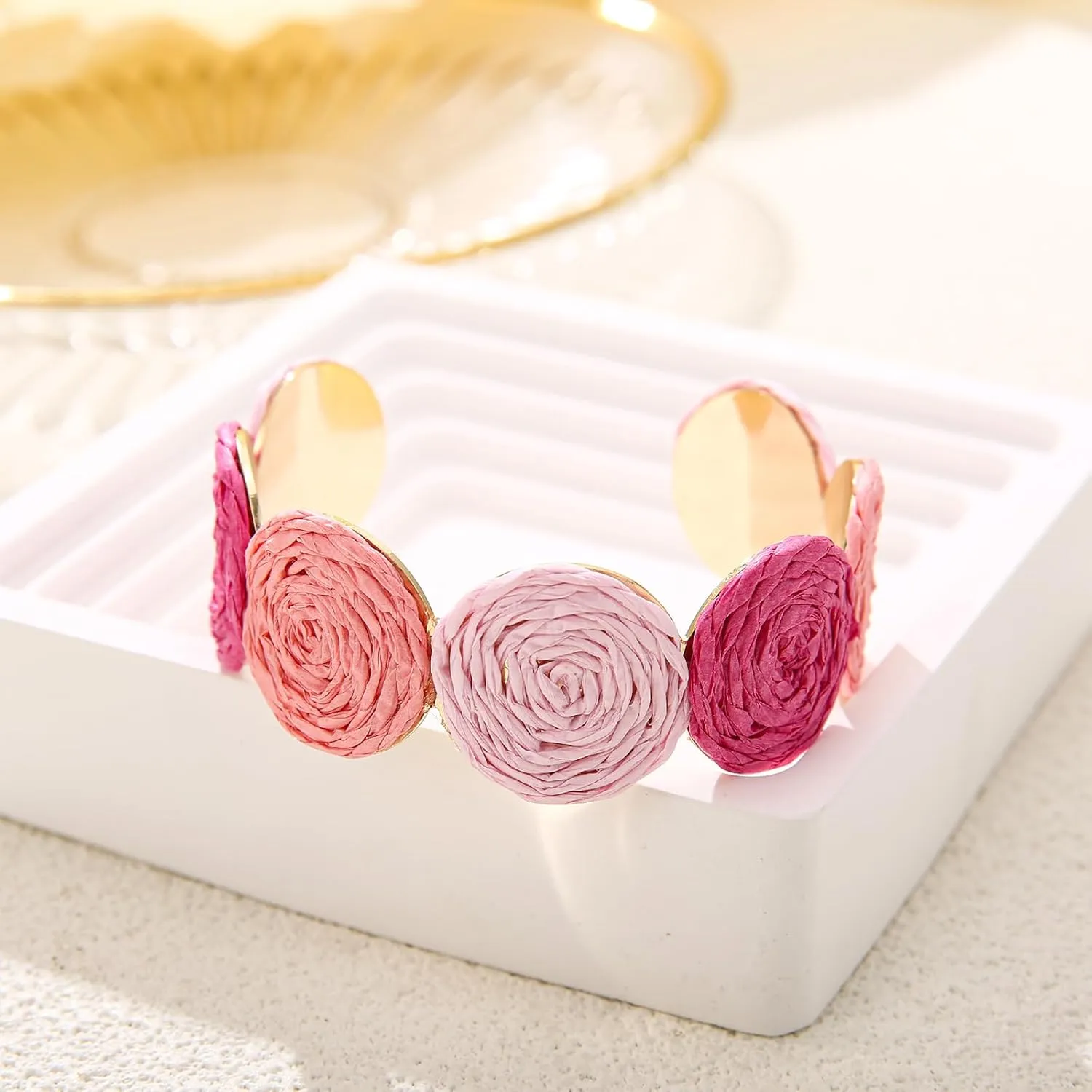 Raffia Multiple Circles Cuff Bracelet for Women, Handmade Colorful Round Bangle Geometric Adjustable Statement Bracelet