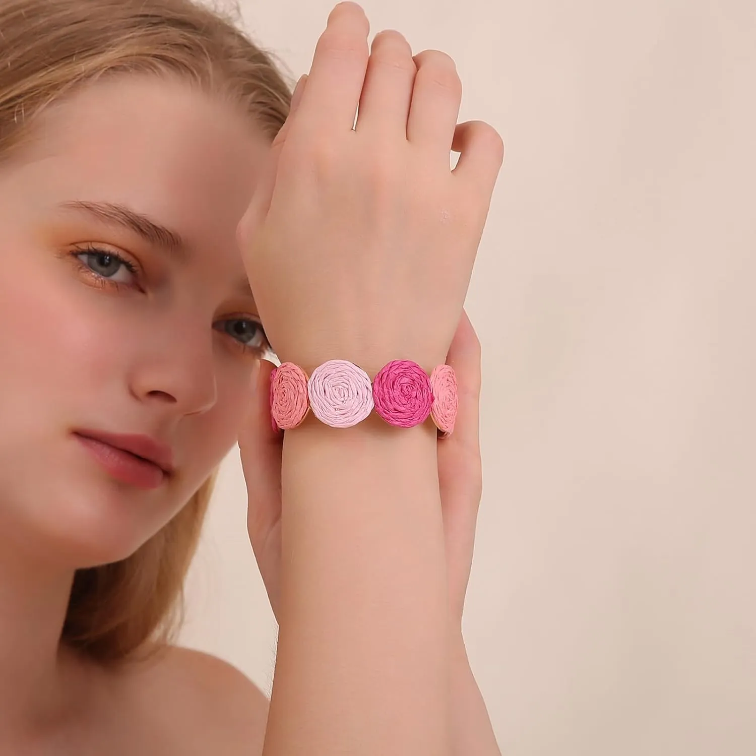 Raffia Multiple Circles Cuff Bracelet for Women, Handmade Colorful Round Bangle Geometric Adjustable Statement Bracelet