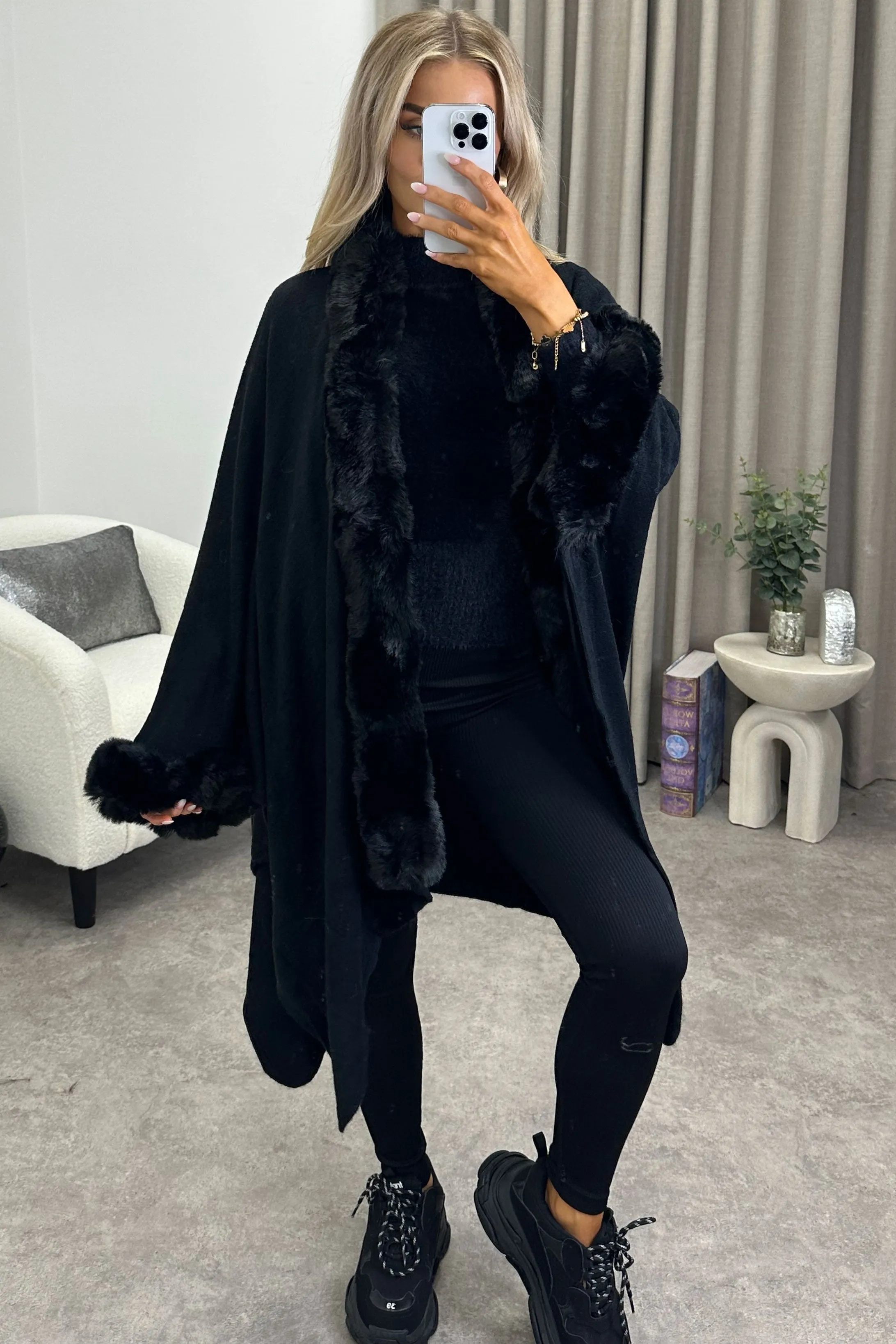 Ramona Black Textured Faux Fur Trim Cape