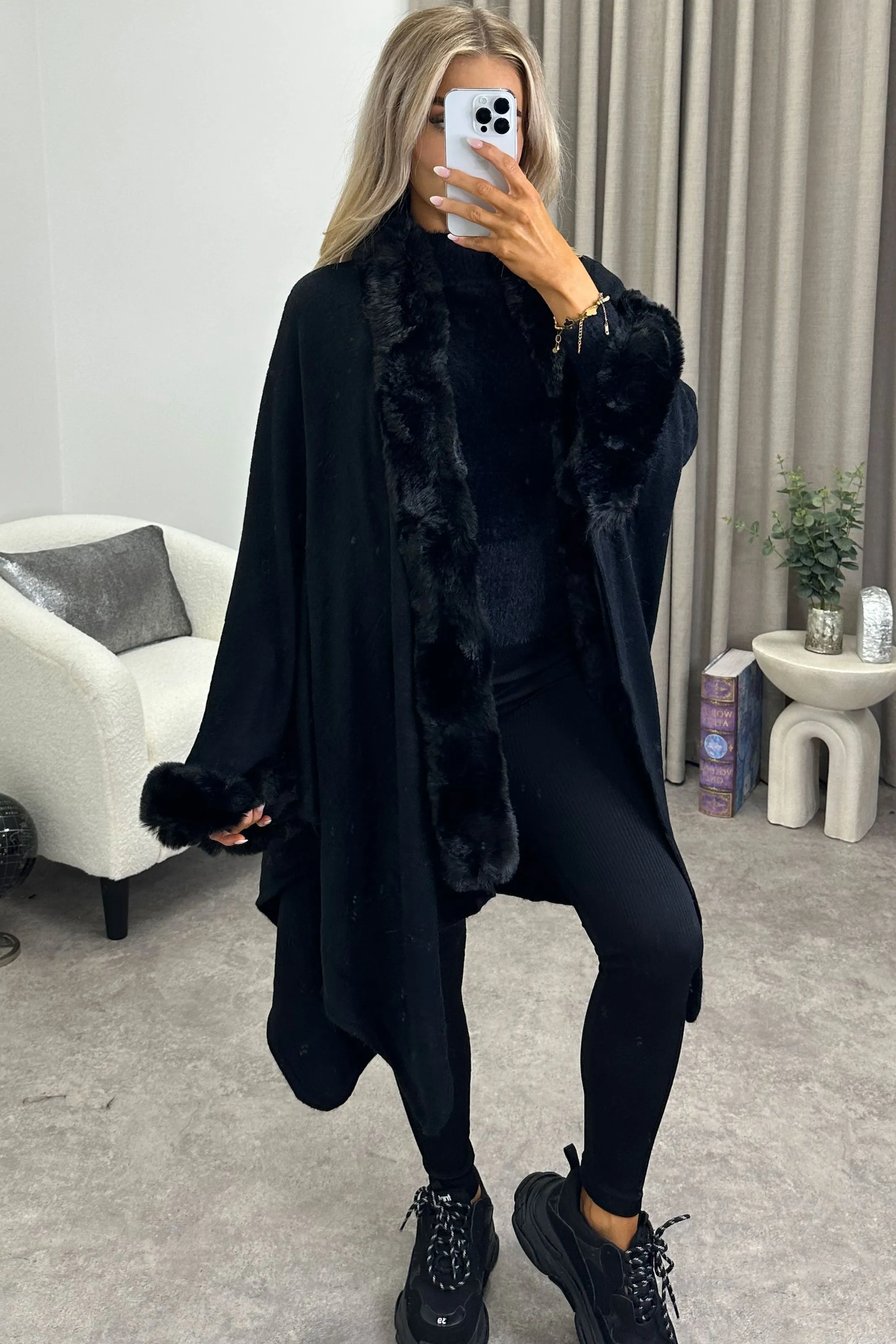 Ramona Black Textured Faux Fur Trim Cape