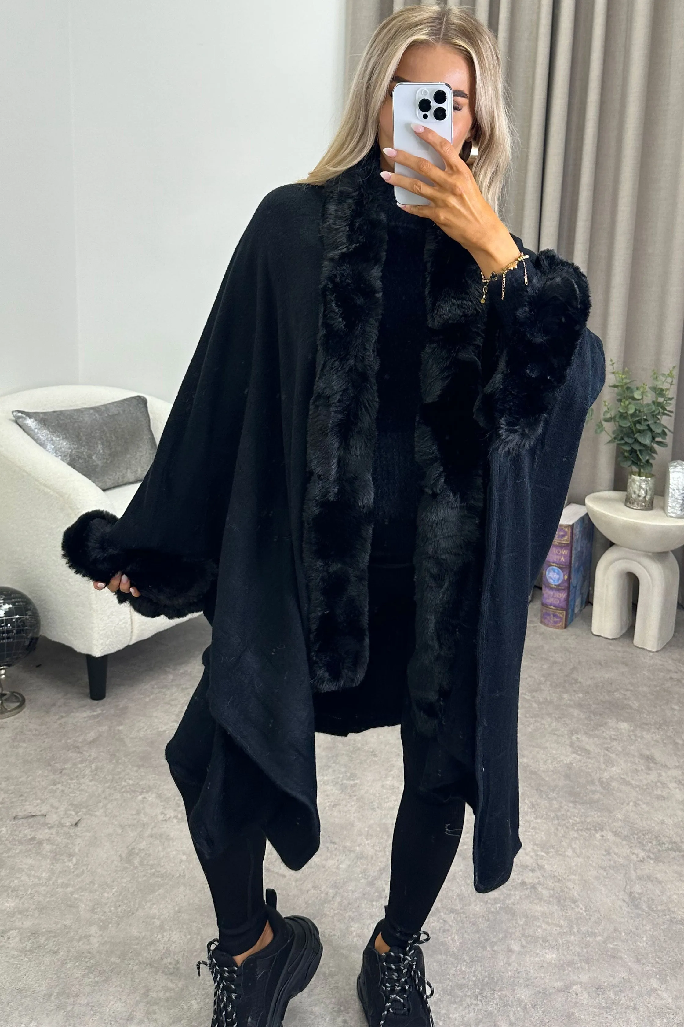 Ramona Black Textured Faux Fur Trim Cape