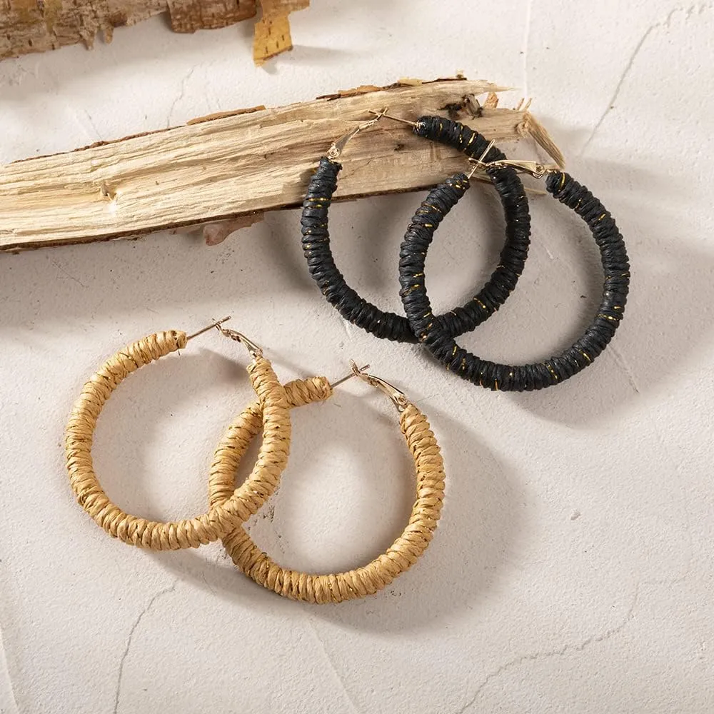 Rattan Wrap Big Circle Dangle Earrings Raffia Wrap Hoop Earrings for Women Handmade Woven Wicker Hoop Earrings Raffia Rattan Earrings Teen Girl Summer Fashion Jewelry