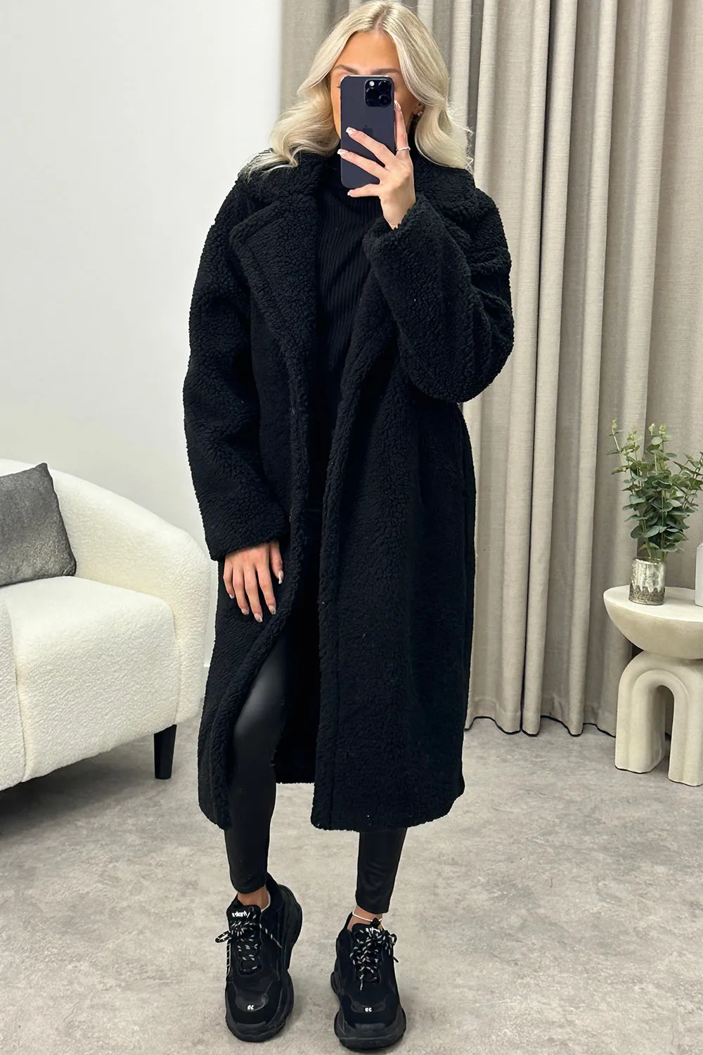 Reegan Black Teddy Borg Button Up Longline Coat