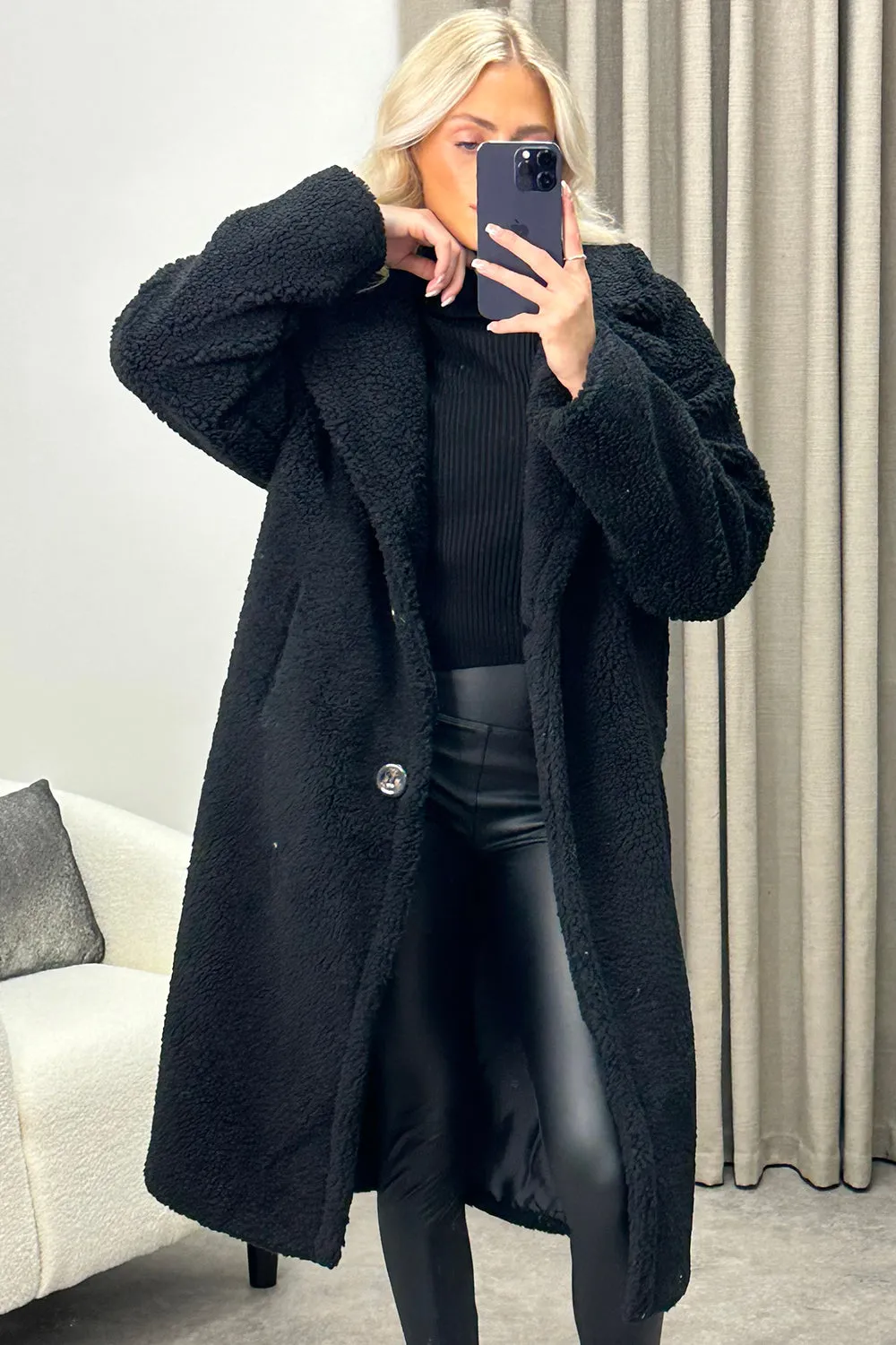Reegan Black Teddy Borg Button Up Longline Coat