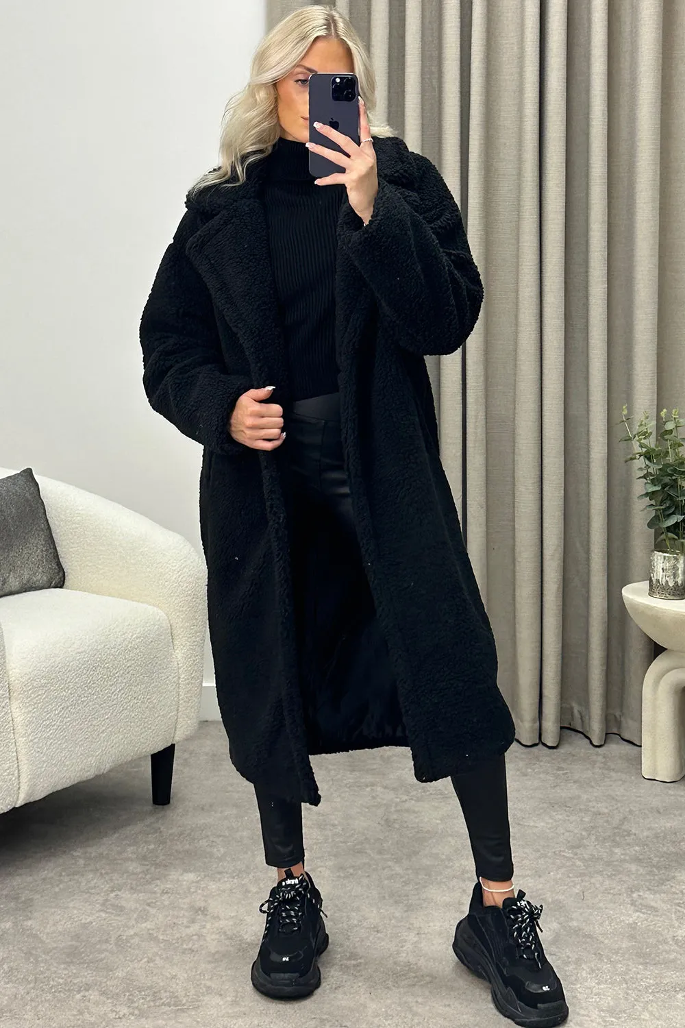Reegan Black Teddy Borg Button Up Longline Coat